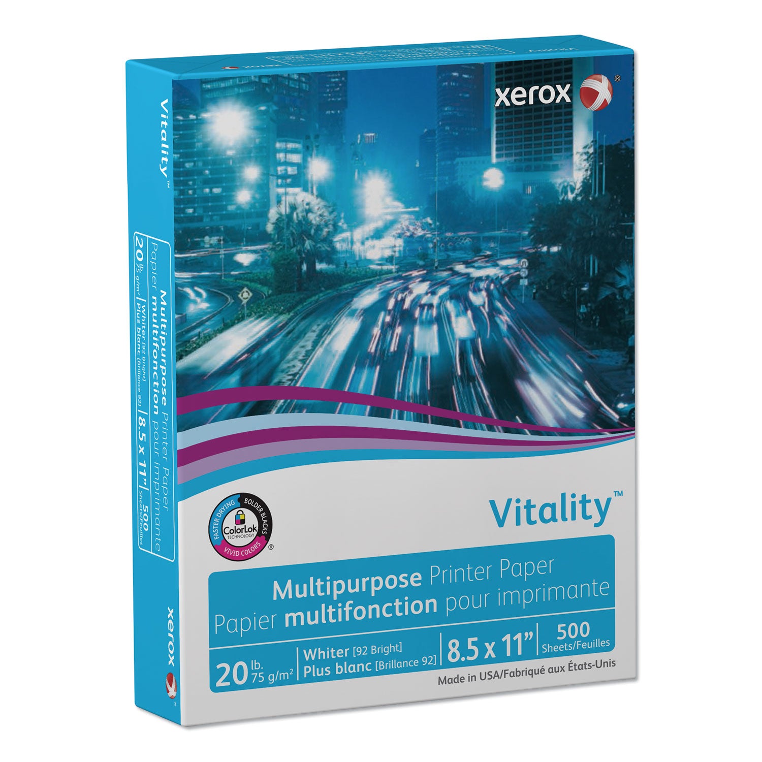 xerox™ Vitality Multipurpose Print Paper, 92 Bright, 20 lb Bond Weight, 8.5 x 11, White, 500/Ream