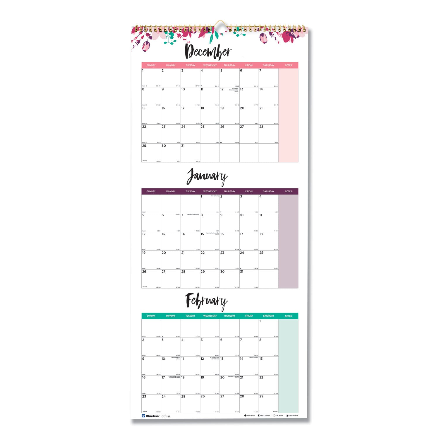 3-Month Wall Calendar, Colorful Leaves Artwork, 12.25 x 27, White/Multicolor Sheets, 14-Month (Dec to Jan): 2025