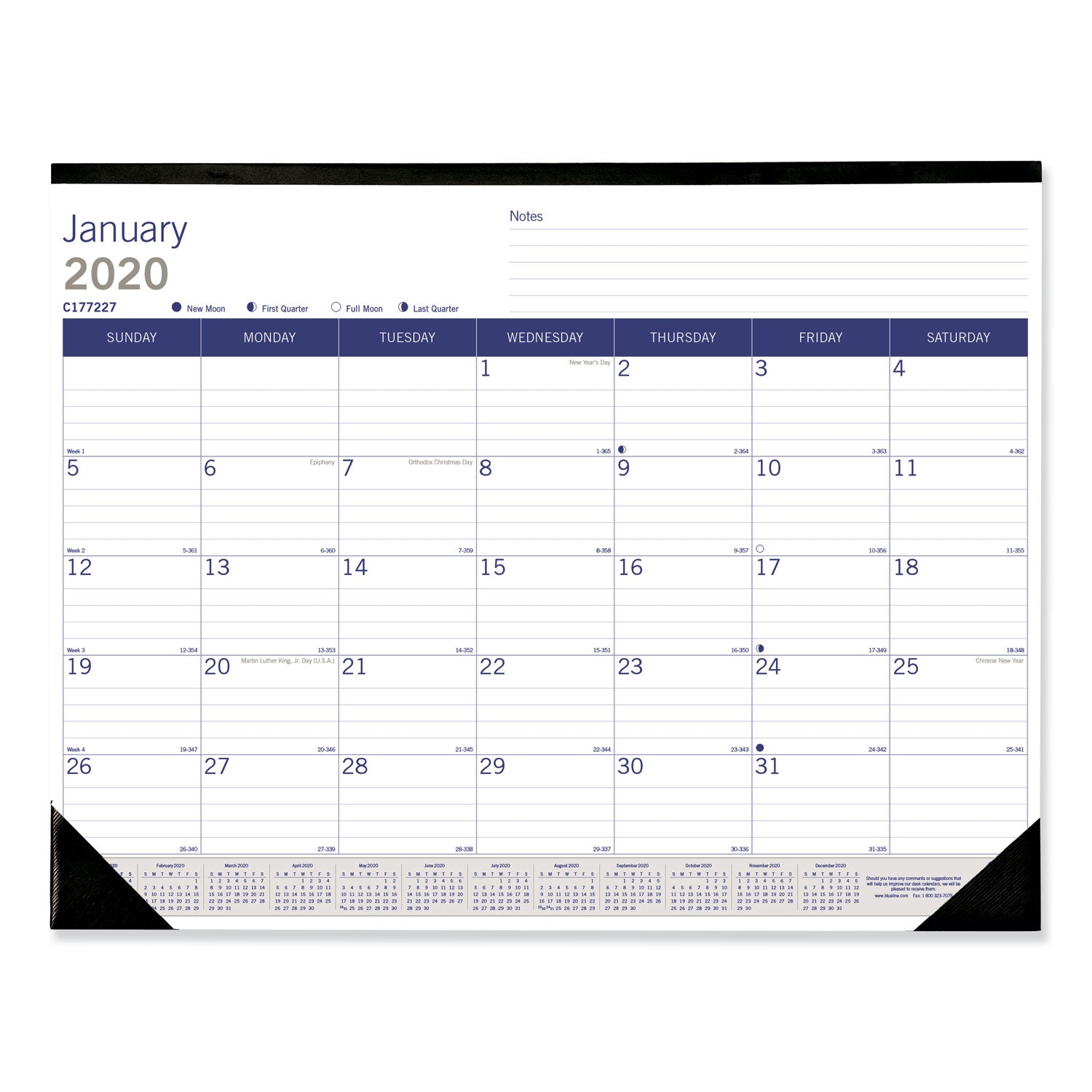 Blueline® DuraGlobe Monthly Desk Pad Calendar, 22 x 17, White/Blue/Gray Sheets, Black Binding/Corners, 12-Month (Jan to Dec): 2025