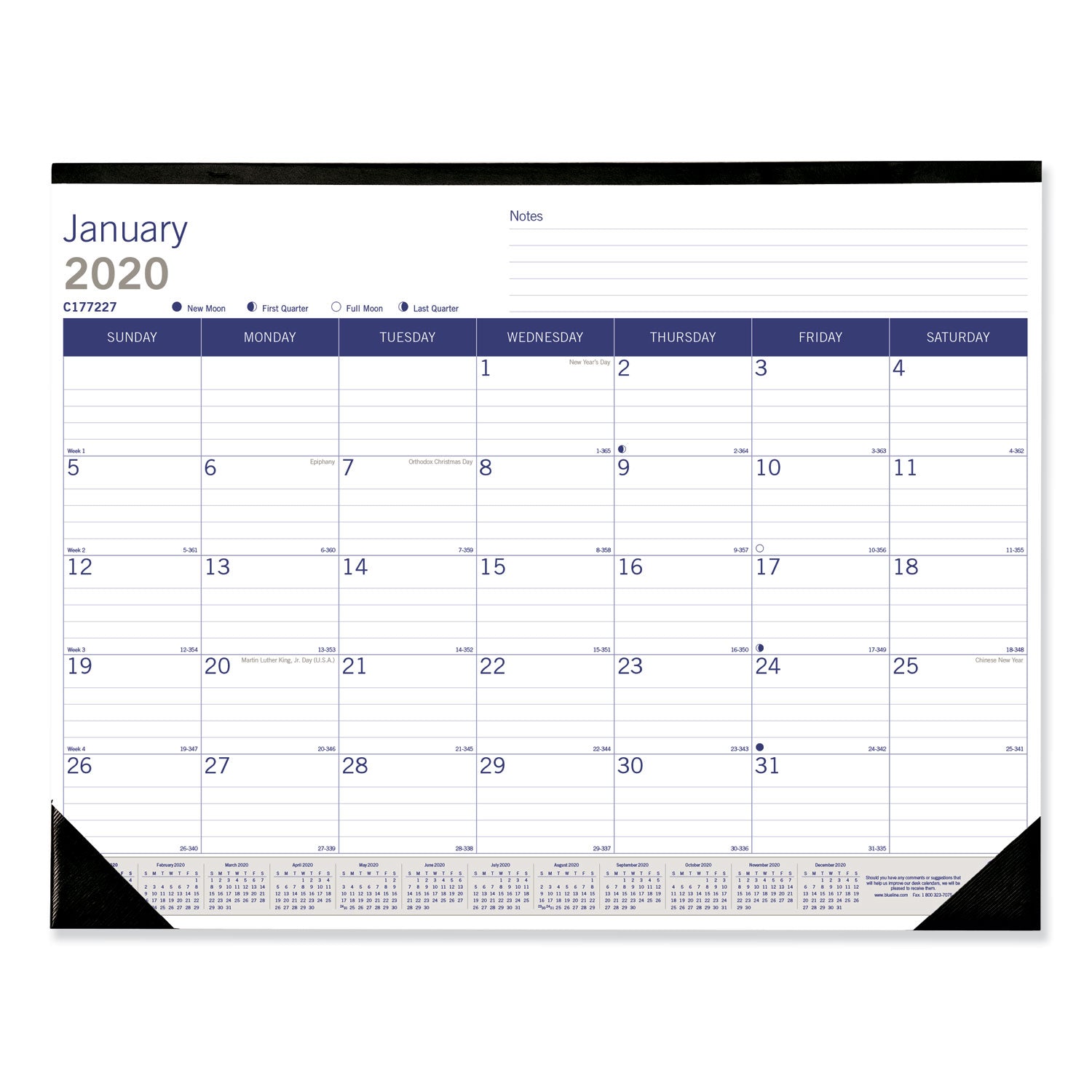 DuraGlobe Monthly Desk Pad Calendar, 22 x 17, White/Blue/Gray Sheets, Black Binding/Corners, 12-Month (Jan to Dec): 2025