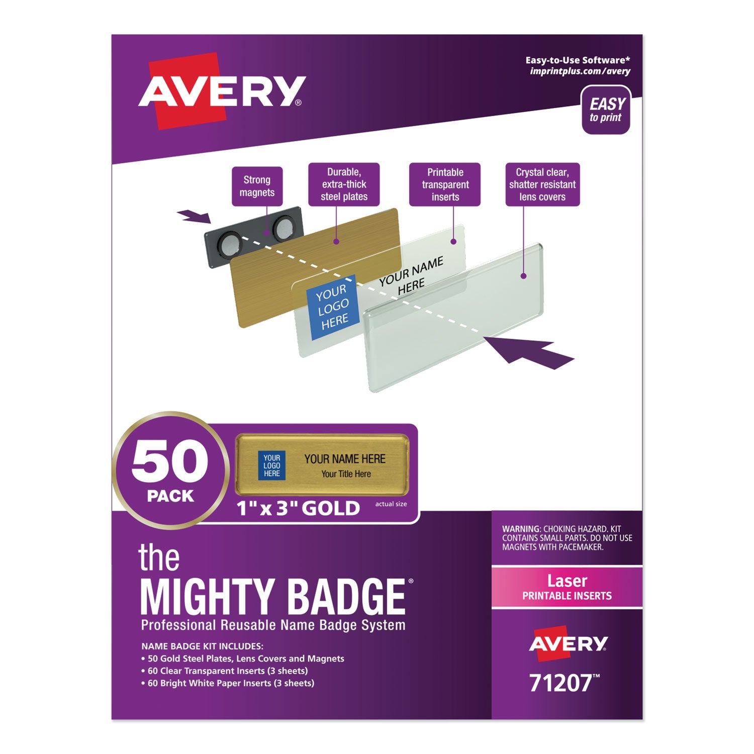 The Mighty Badge Name Badge Holder Kit, Horizontal, 3 x 1, Laser, Gold, 50 Holders/120 Inserts