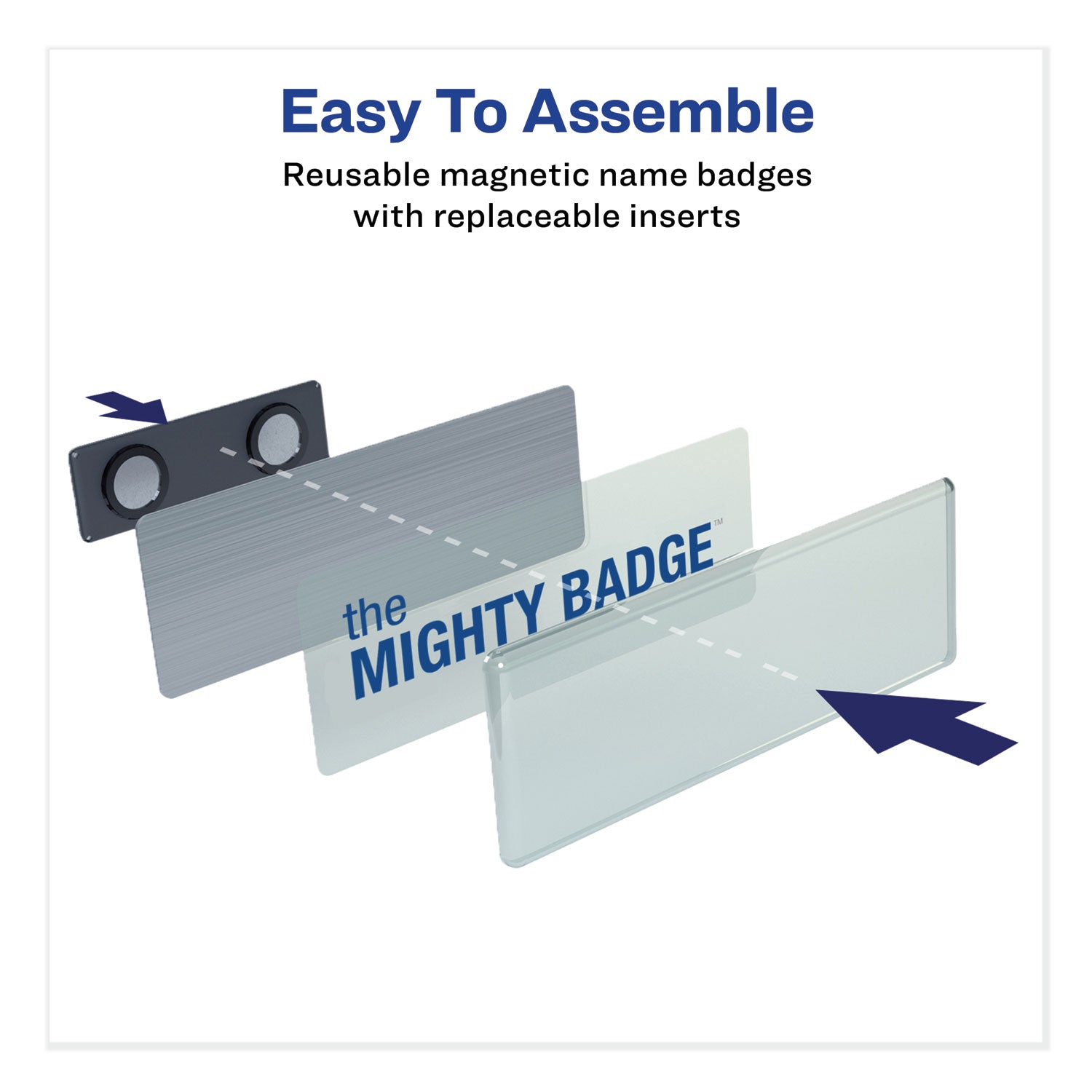 Avery® The Mighty Badge Name Badge Holder Kit, Horizontal, 3 x 1, Inkjet, Silver, 10 Holders/ 80 Inserts