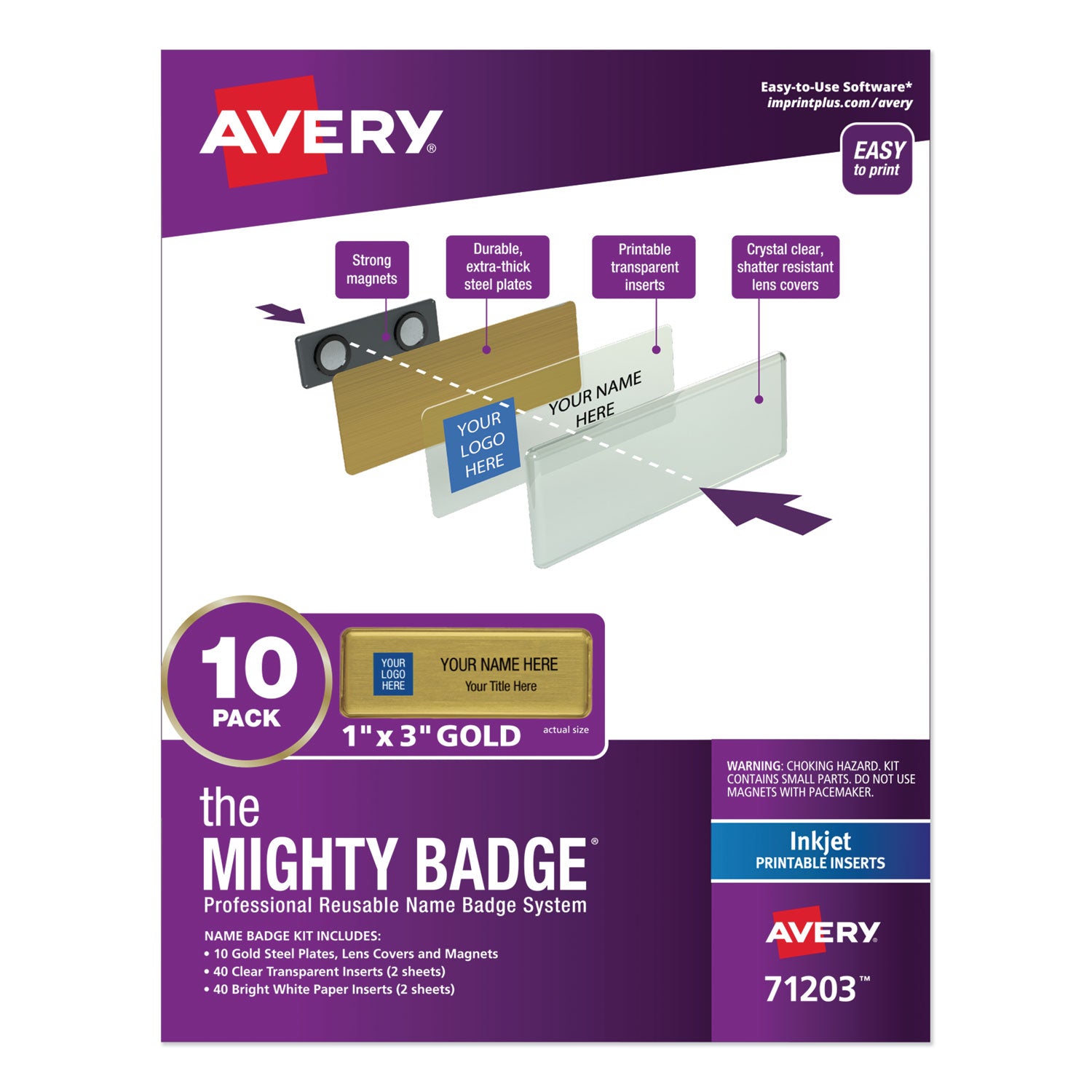 The Mighty Badge Name Badge Holder Kit, Horizontal, 3 x 1, Inkjet, Gold, 10 Holders/ 80 Inserts