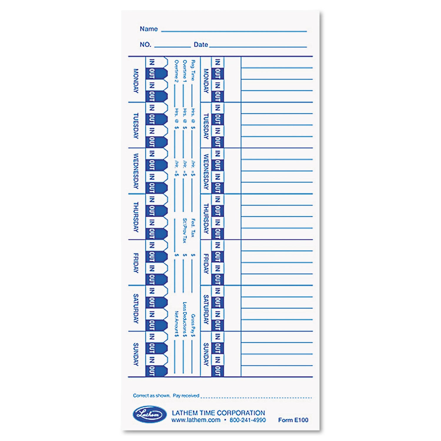 Time Clock Cards for Lathem Time E Series, One Side, 4 x 9, 100/Pack