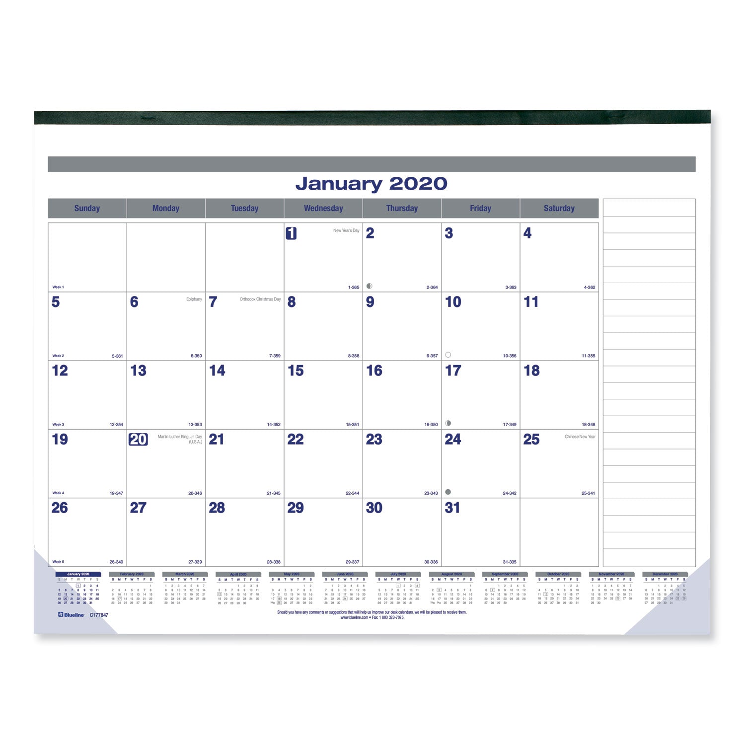 Net Zero Carbon Monthly Desk Pad Calendar, 22 x 17, White/Gray/Blue Sheets, Black Binding, 12-Month (Jan to Dec): 2025