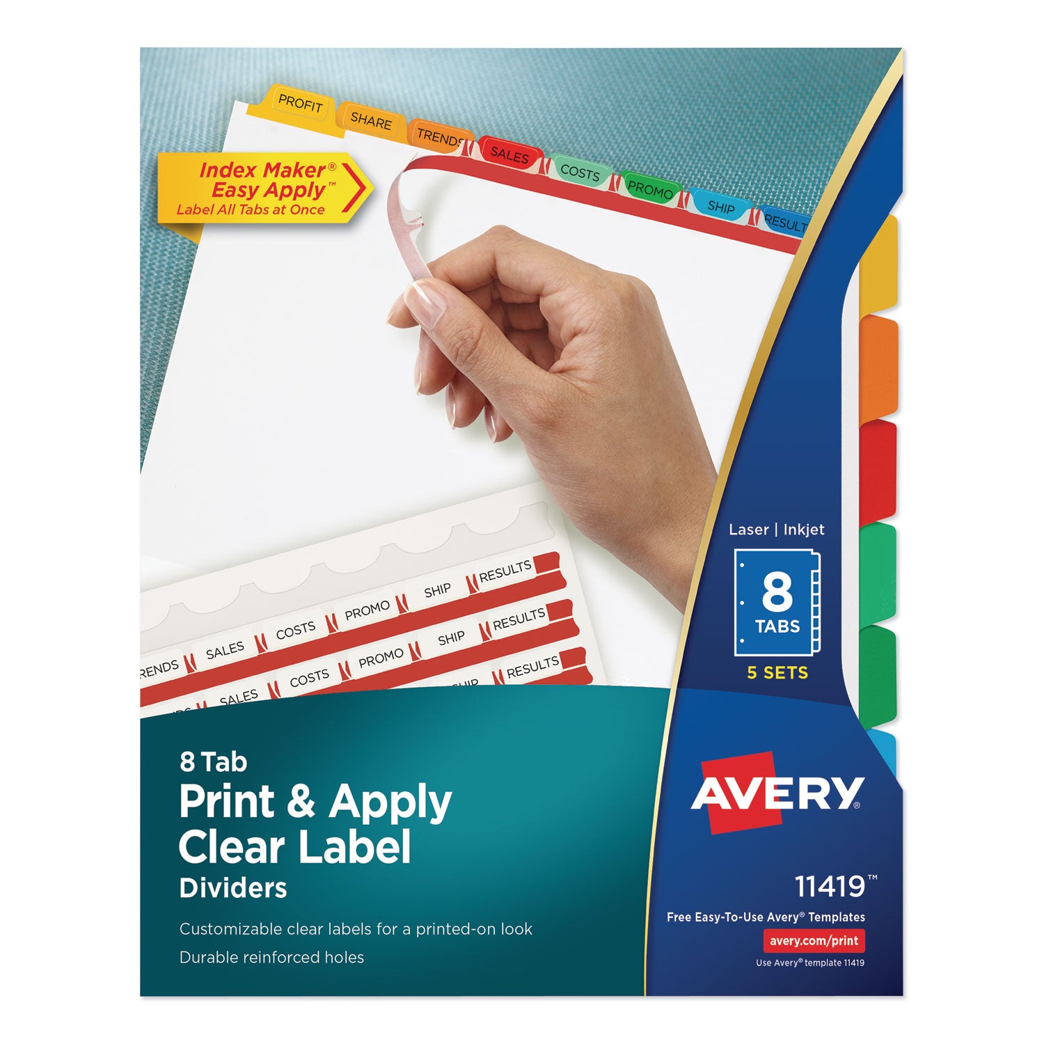 Print and Apply Index Maker Clear Label Dividers, 8-Tab, Color Tabs, 11 x 8.5, White, Traditional Color Tabs, 5 Sets