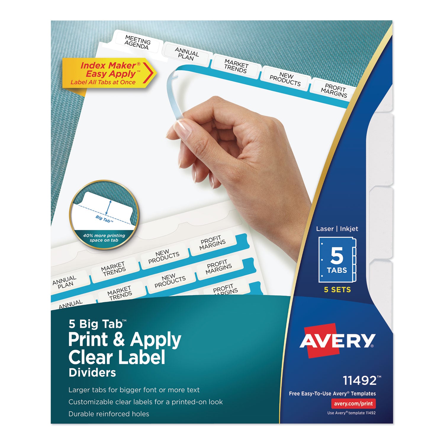 Print and Apply Index Maker Clear Label Dividers, Big Tab, 5-Tab, White Tabs, 11 x 8.5, White, 5 Sets