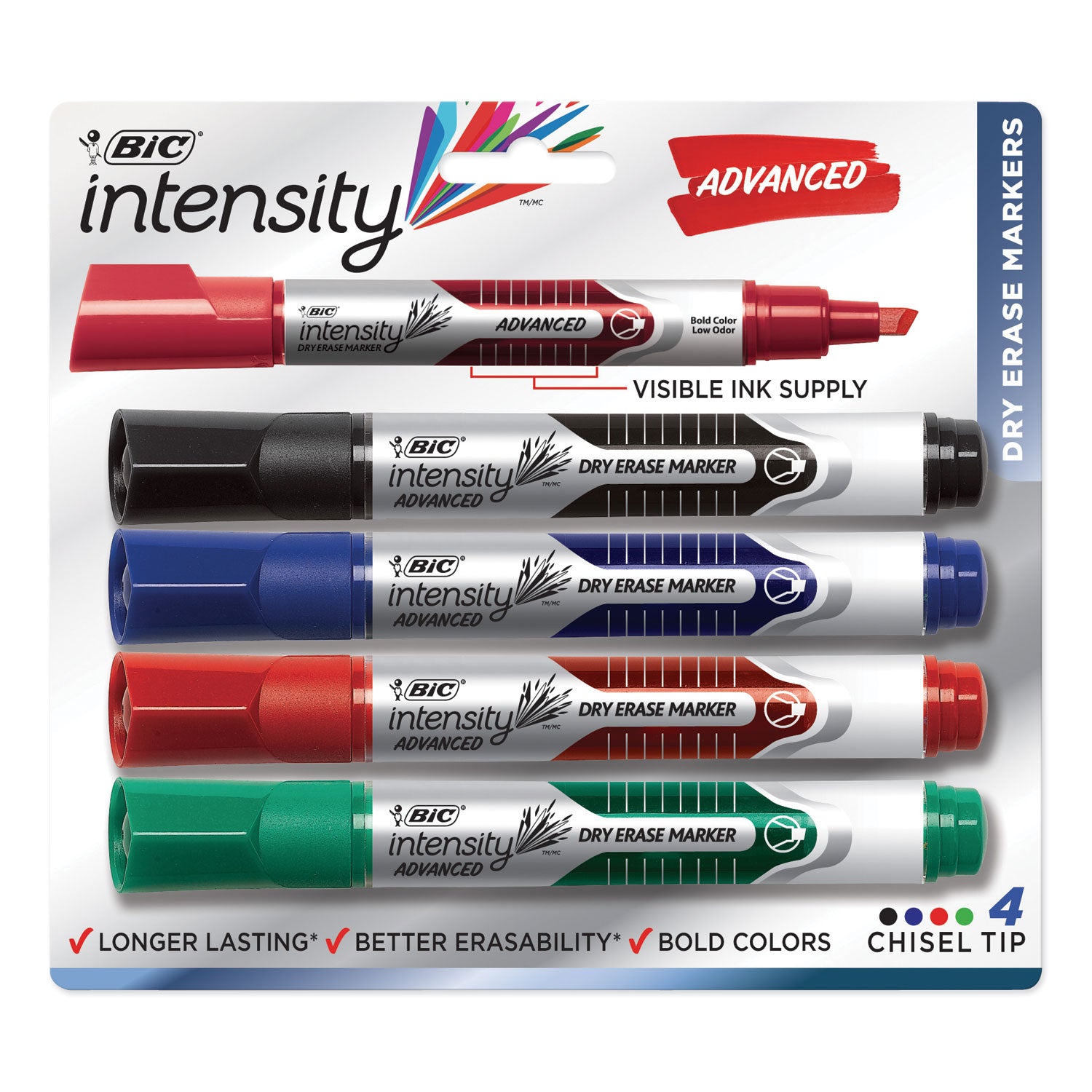 Intensity Advanced Dry Erase Marker, Tank-Style, Broad Chisel Tip, Assorted Colors, 4/Pack