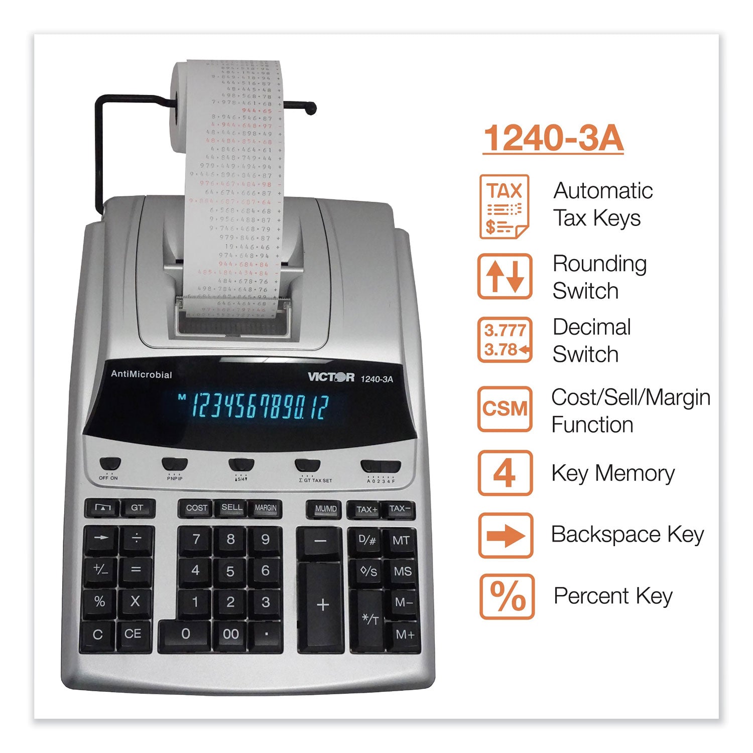 Victor® 1240-3A Antimicrobial Printing Calculator, Black/Red Print, 4.5 Lines/Sec