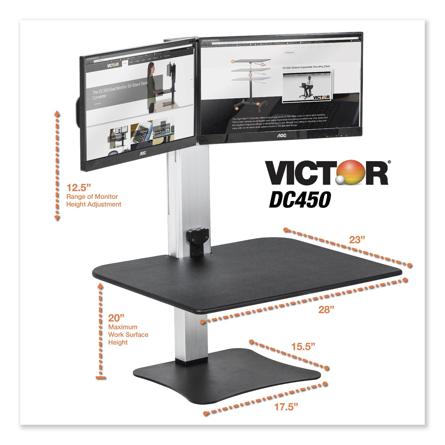 Victor® High Rise Electric Dual Monitor Standing Desk Workstation, 28" x 23" x 20.25", Black/Aluminum