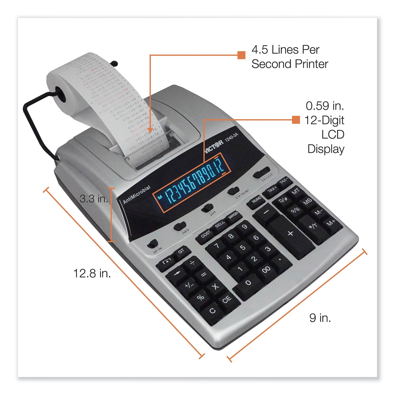 Victor® 1240-3A Antimicrobial Printing Calculator, Black/Red Print, 4.5 Lines/Sec