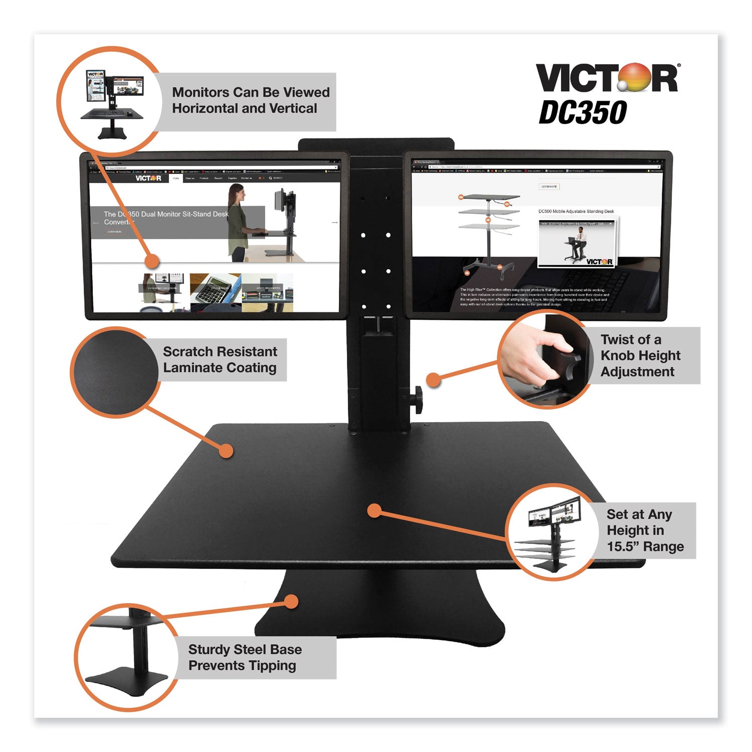 Victor® High Rise Dual Monitor Standing Desk Workstation, 28" x 23" x 10.5" to 15.5", Black