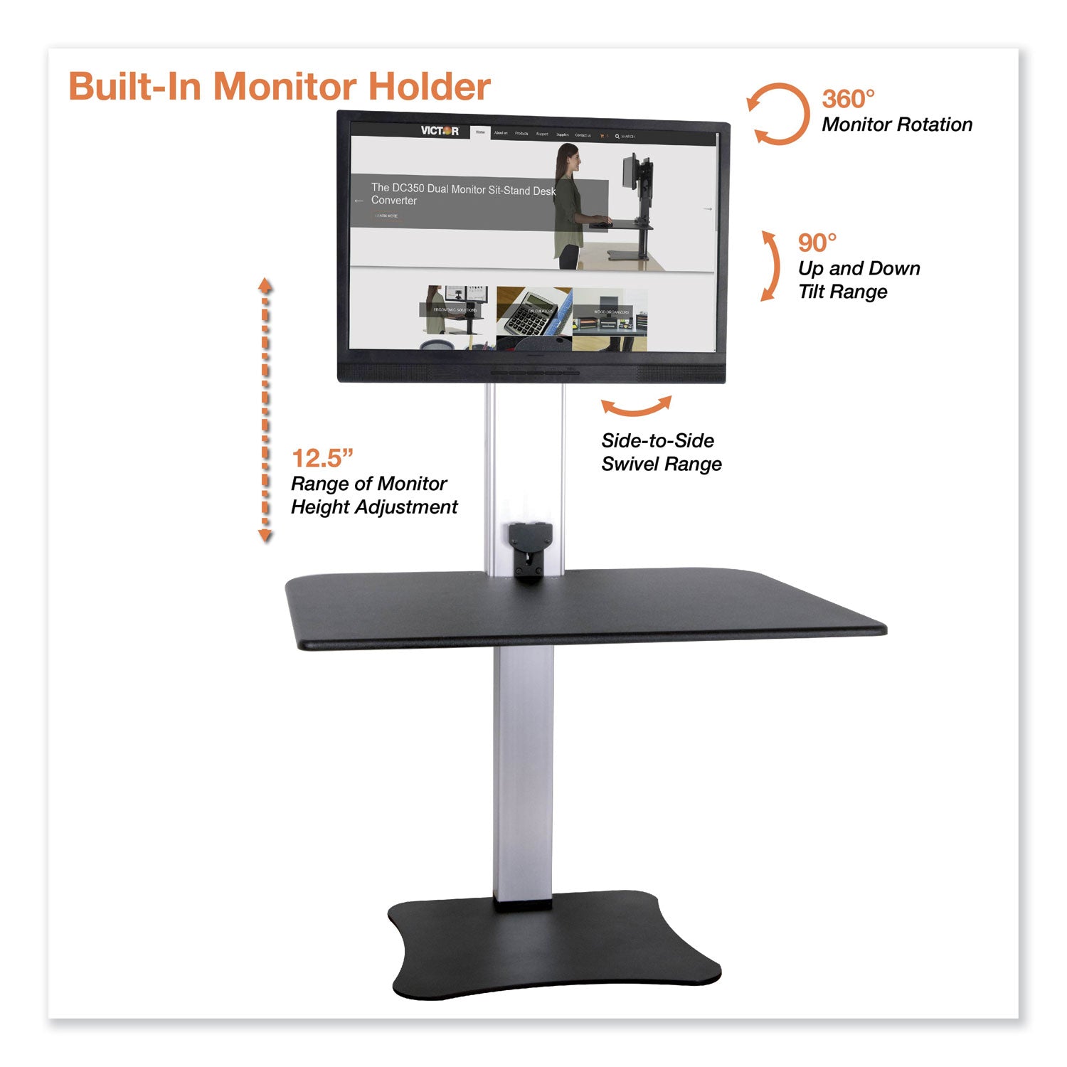 Victor® High Rise Electric Standing Desk Workstation, Single Monitor, 28" x 23" x 20.25", Black/Aluminum