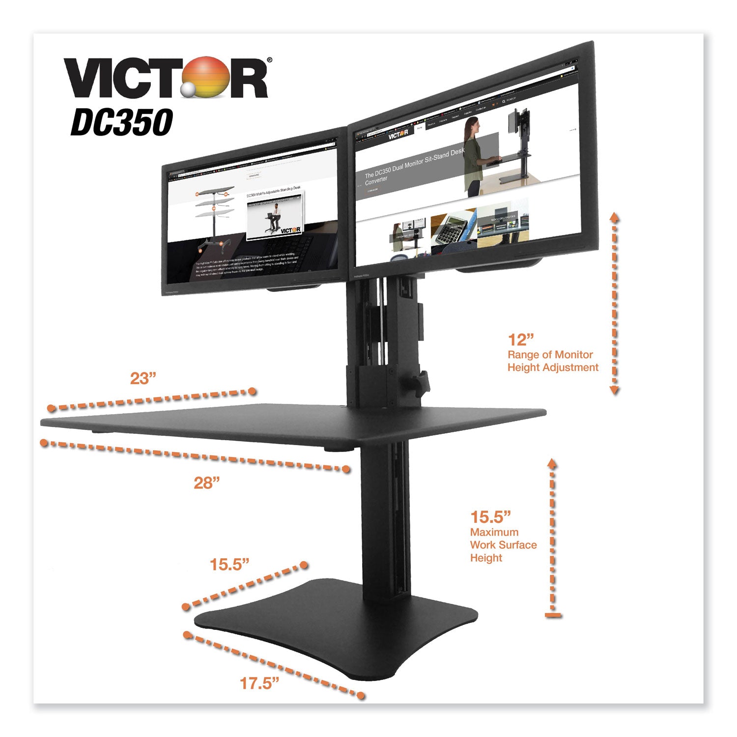 Victor® High Rise Dual Monitor Standing Desk Workstation, 28" x 23" x 10.5" to 15.5", Black