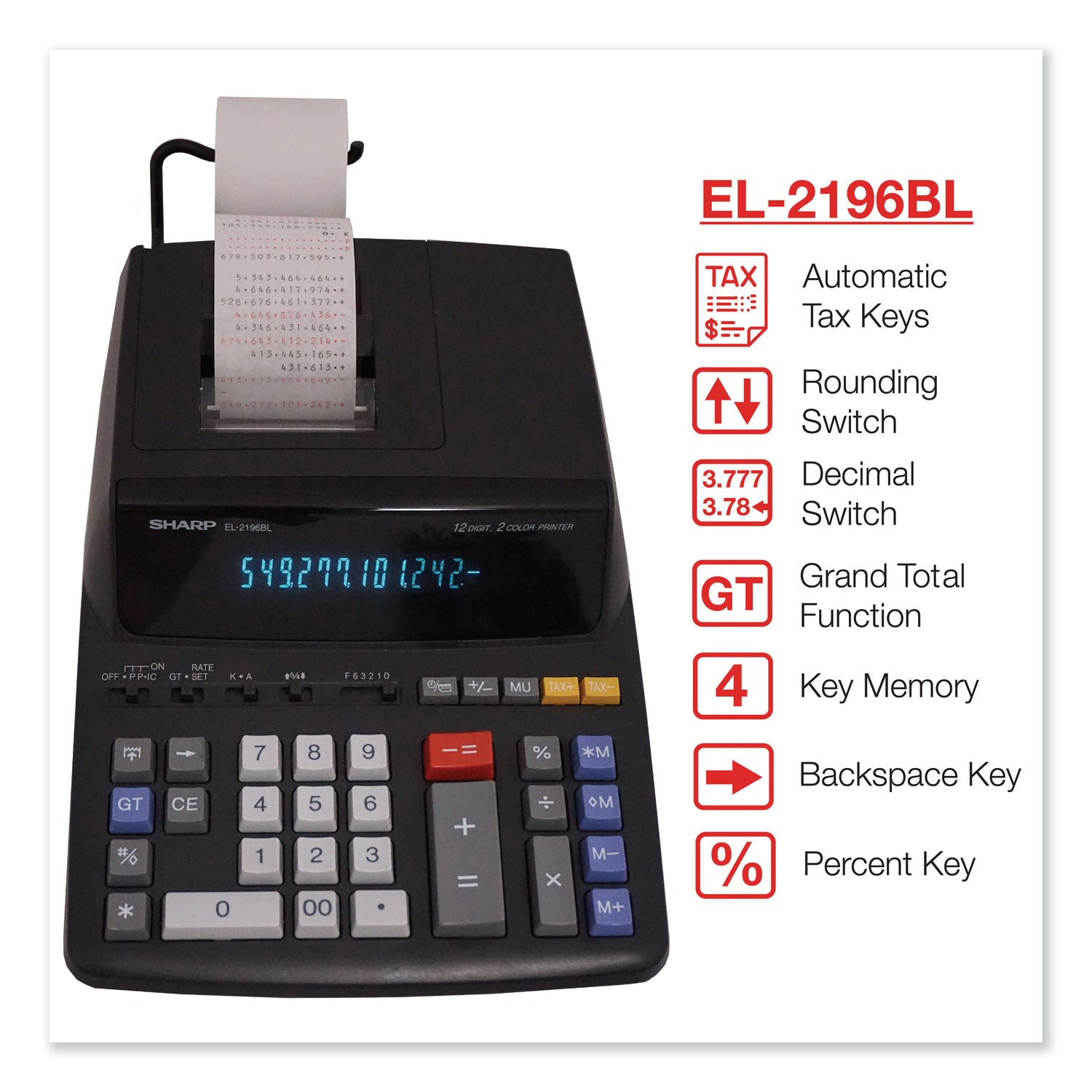 Sharp® EL2196BL Two-Color Printing Calculator, Black/Red Print, 3.7 Lines/Sec