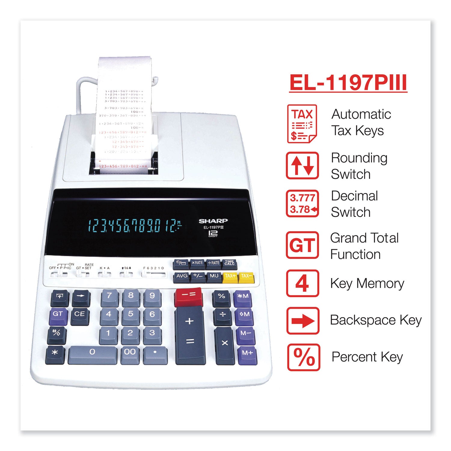 Sharp® EL1197PIII Two-Color Printing Desktop Calculator, Black/Red Print, 4.5 Lines/Sec