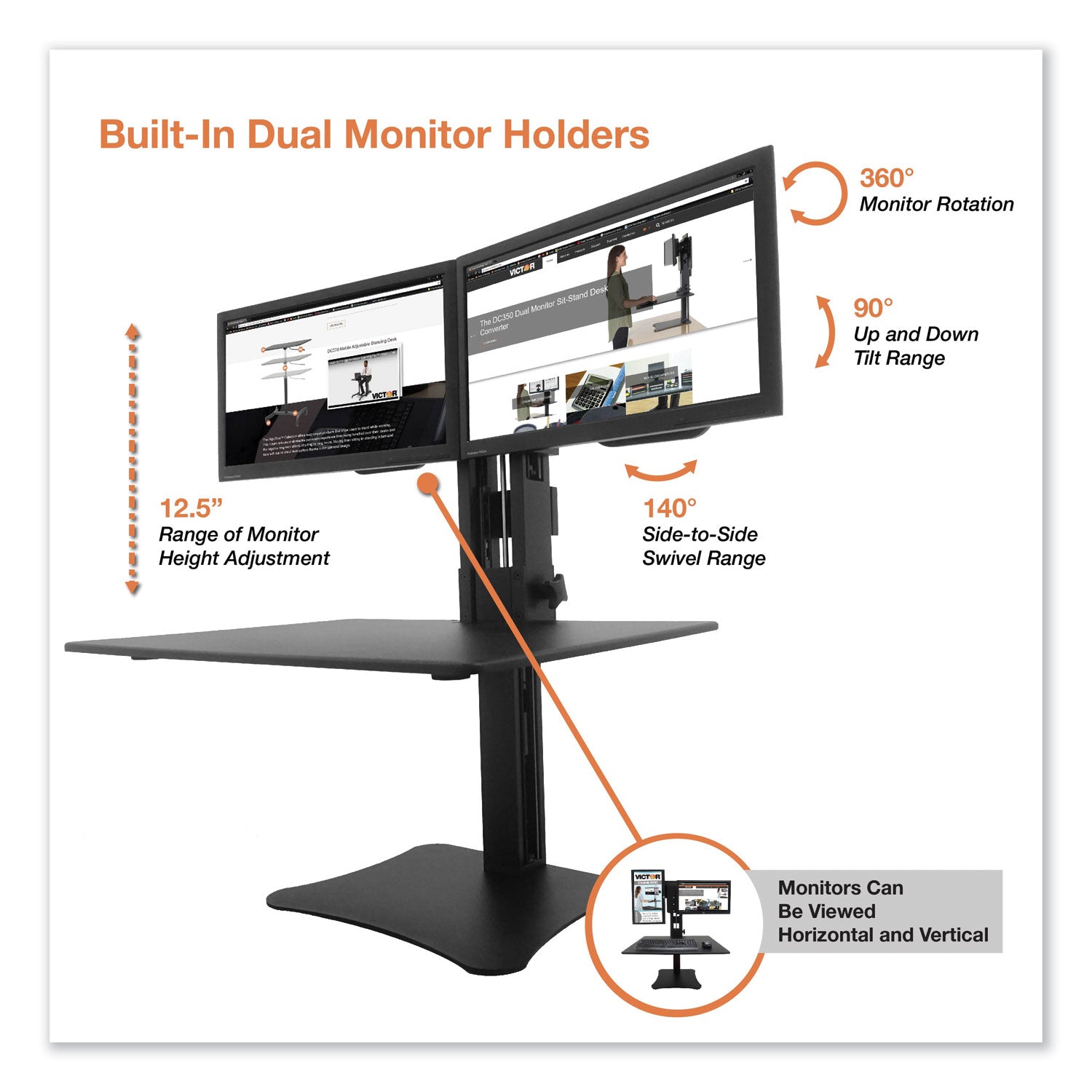 Victor® High Rise Dual Monitor Standing Desk Workstation, 28" x 23" x 10.5" to 15.5", Black