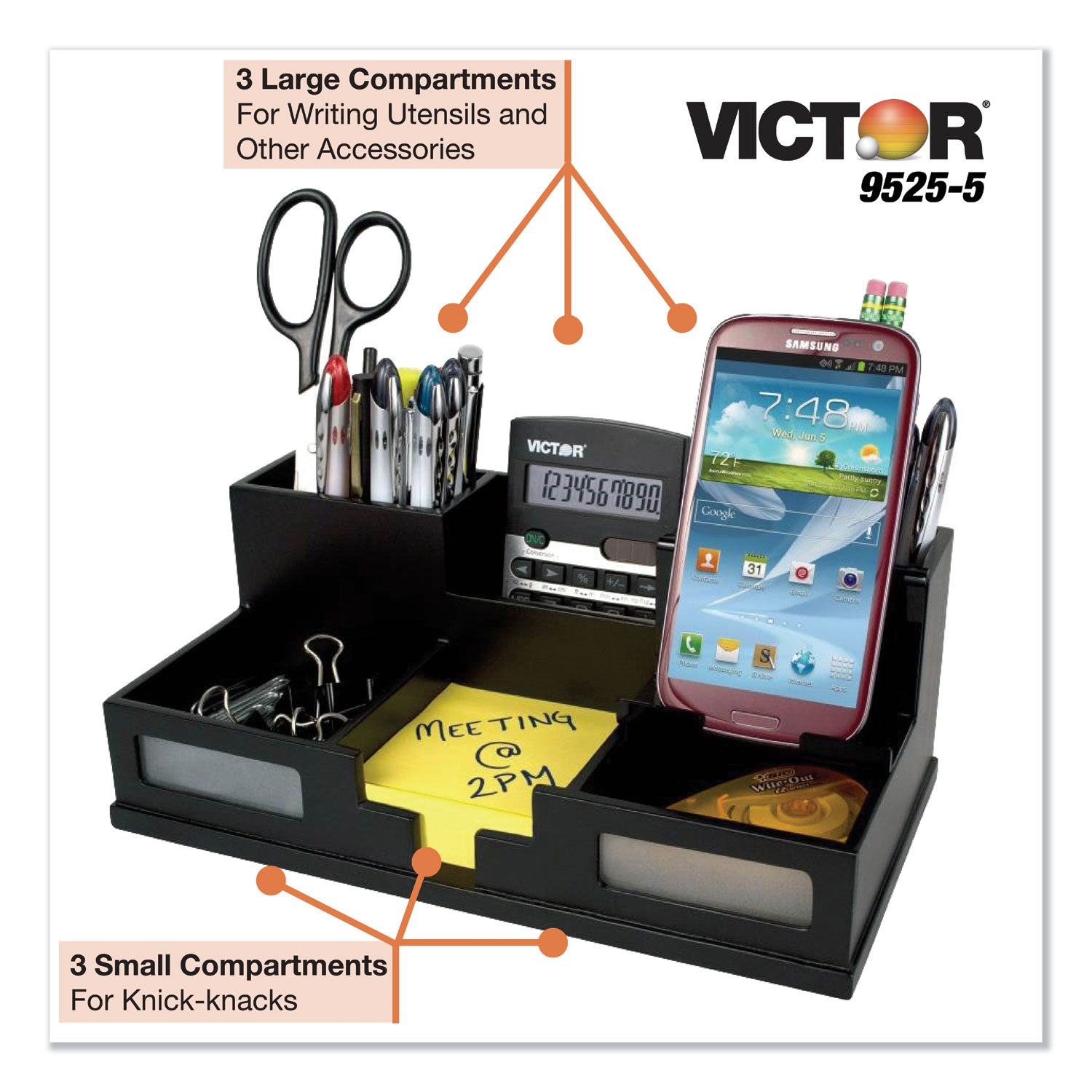 Victor® Midnight Black Desk Organizer with Smartphone Holder, 6 Compartments, Wood, 10.5 x 5.5 x 4