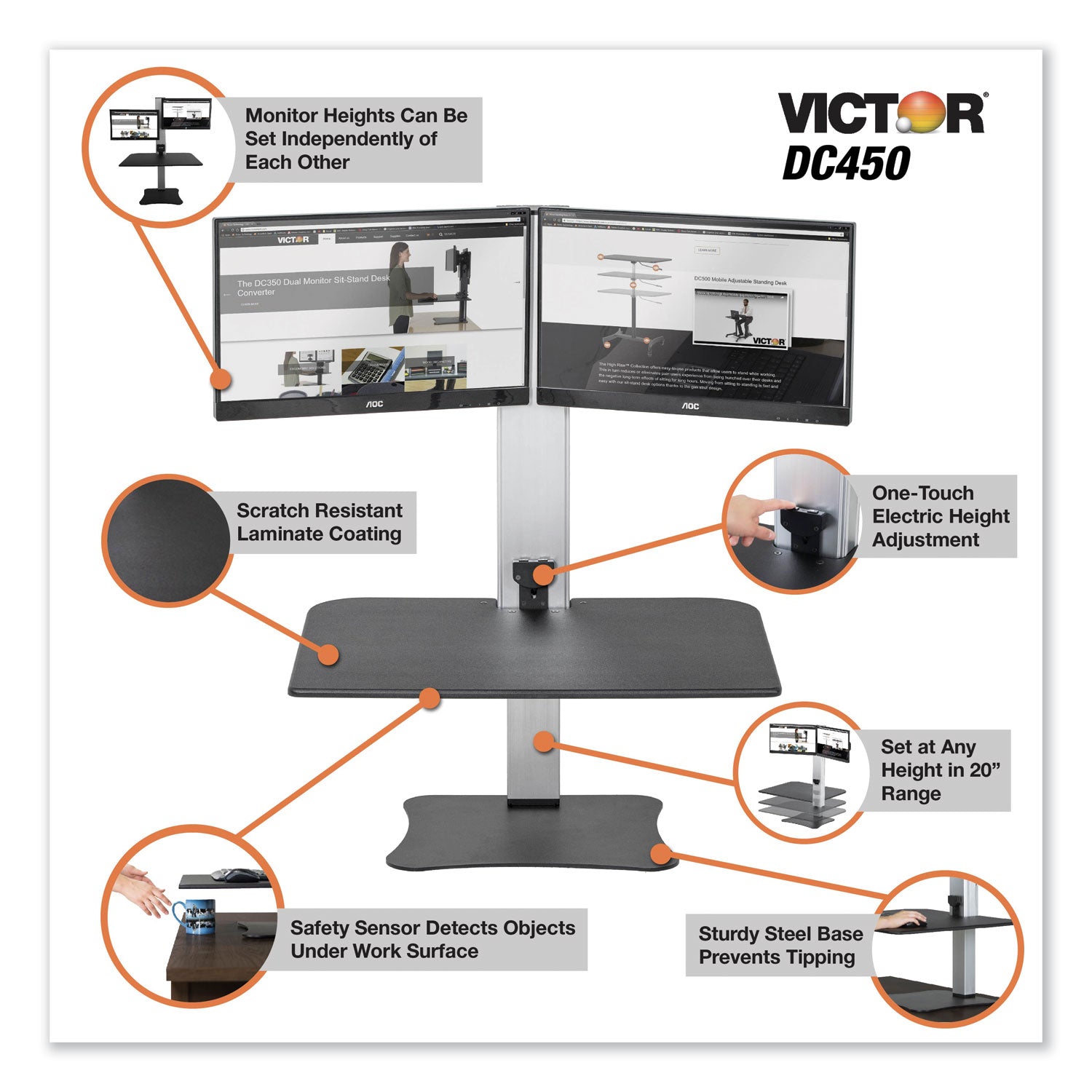 Victor® High Rise Electric Dual Monitor Standing Desk Workstation, 28" x 23" x 20.25", Black/Aluminum