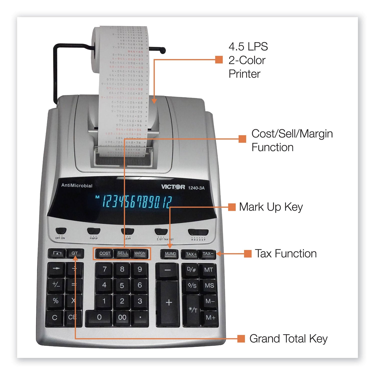 Victor® 1240-3A Antimicrobial Printing Calculator, Black/Red Print, 4.5 Lines/Sec