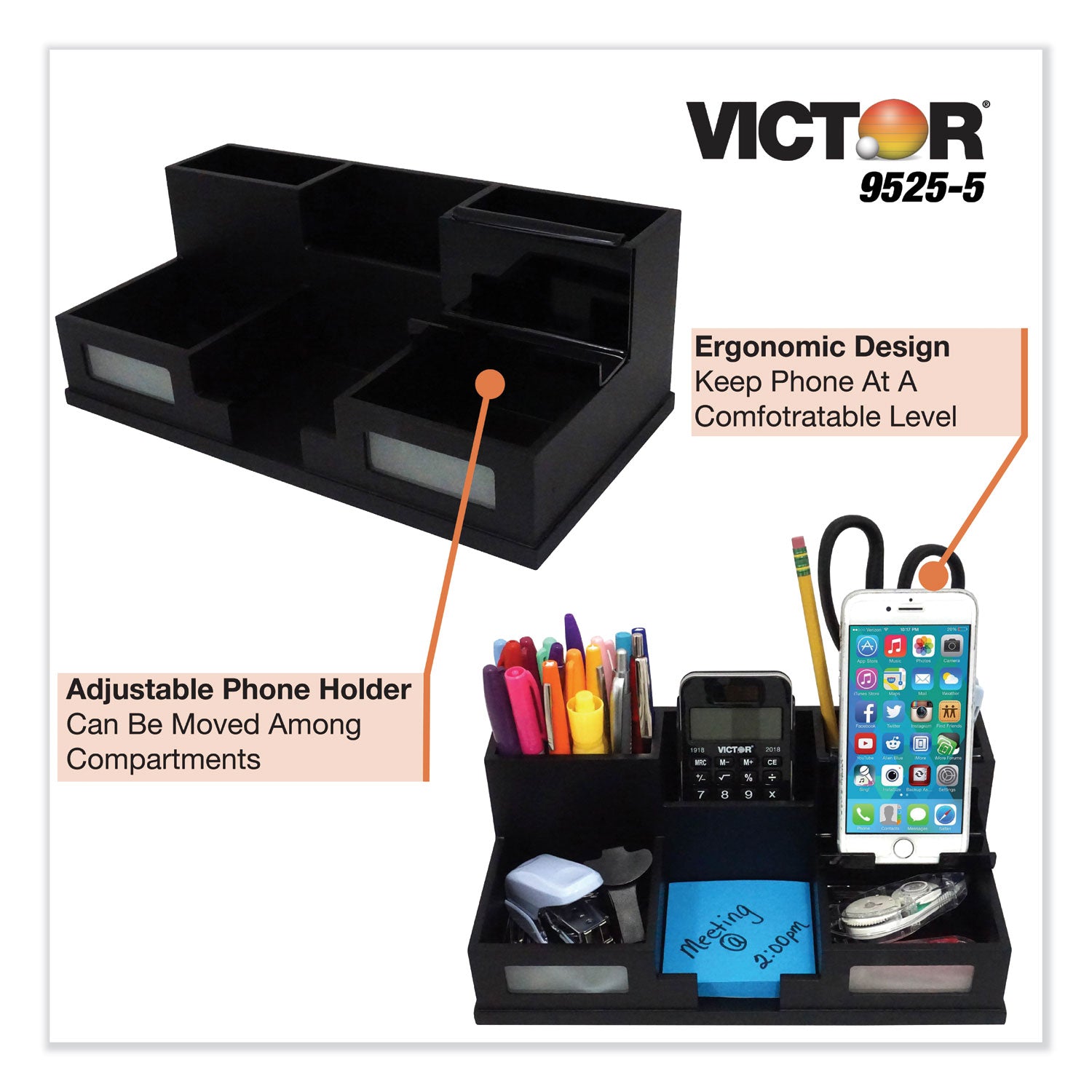 Victor® Midnight Black Desk Organizer with Smartphone Holder, 6 Compartments, Wood, 10.5 x 5.5 x 4