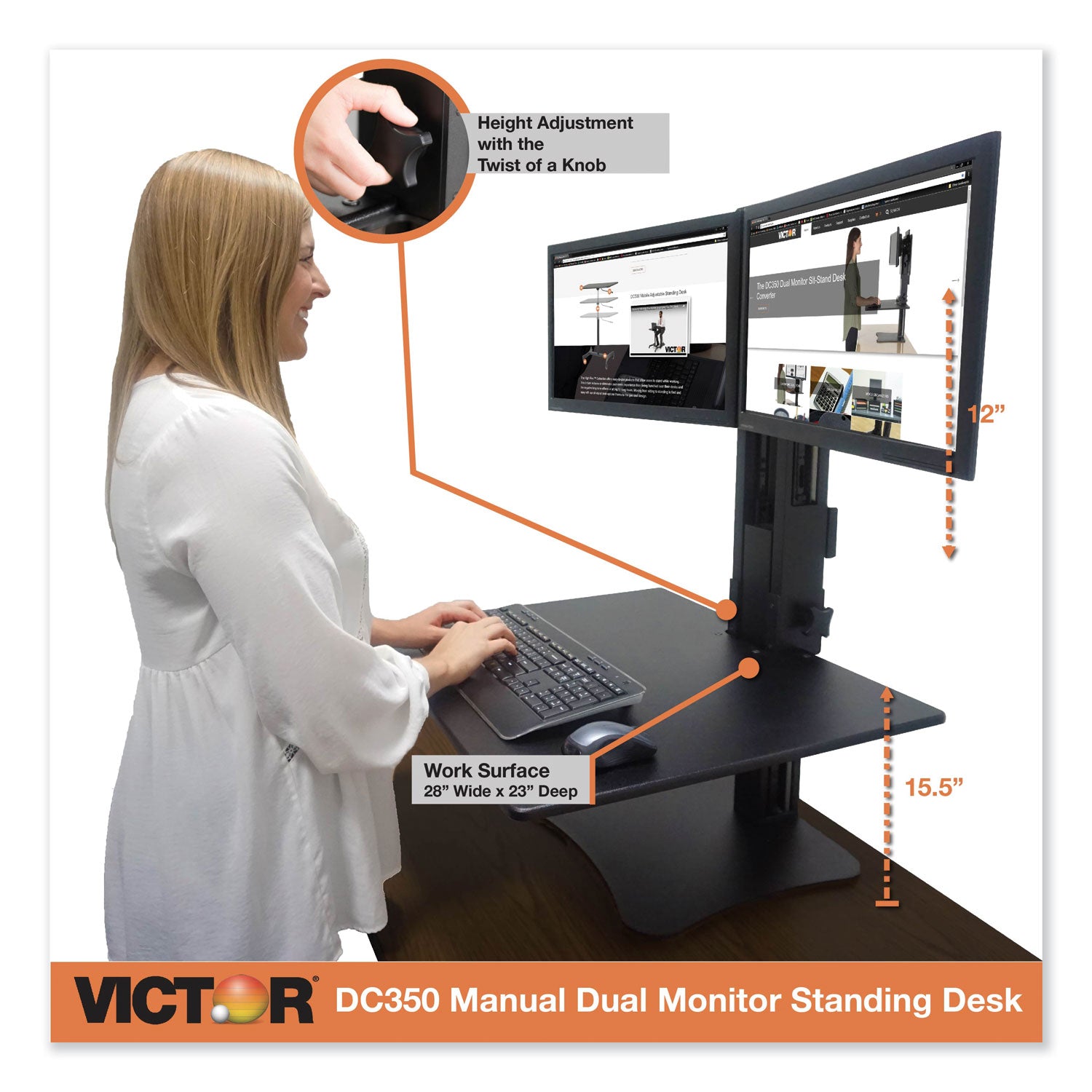 Victor® High Rise Dual Monitor Standing Desk Workstation, 28" x 23" x 10.5" to 15.5", Black