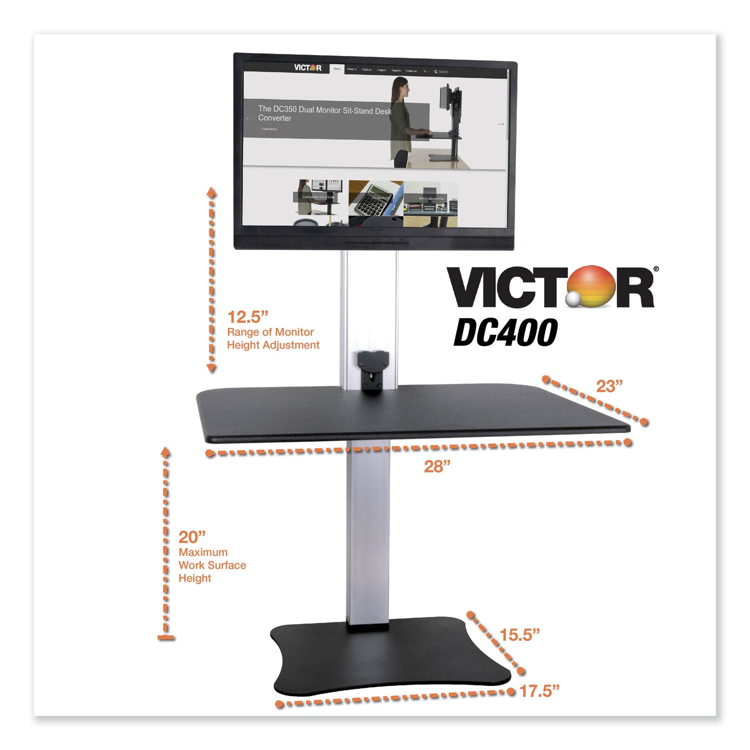 Victor® High Rise Electric Standing Desk Workstation, Single Monitor, 28" x 23" x 20.25", Black/Aluminum