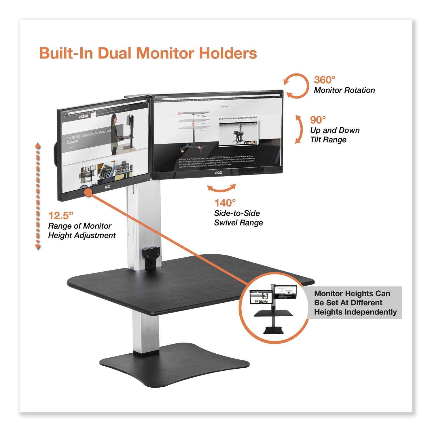 Victor® High Rise Electric Dual Monitor Standing Desk Workstation, 28" x 23" x 20.25", Black/Aluminum