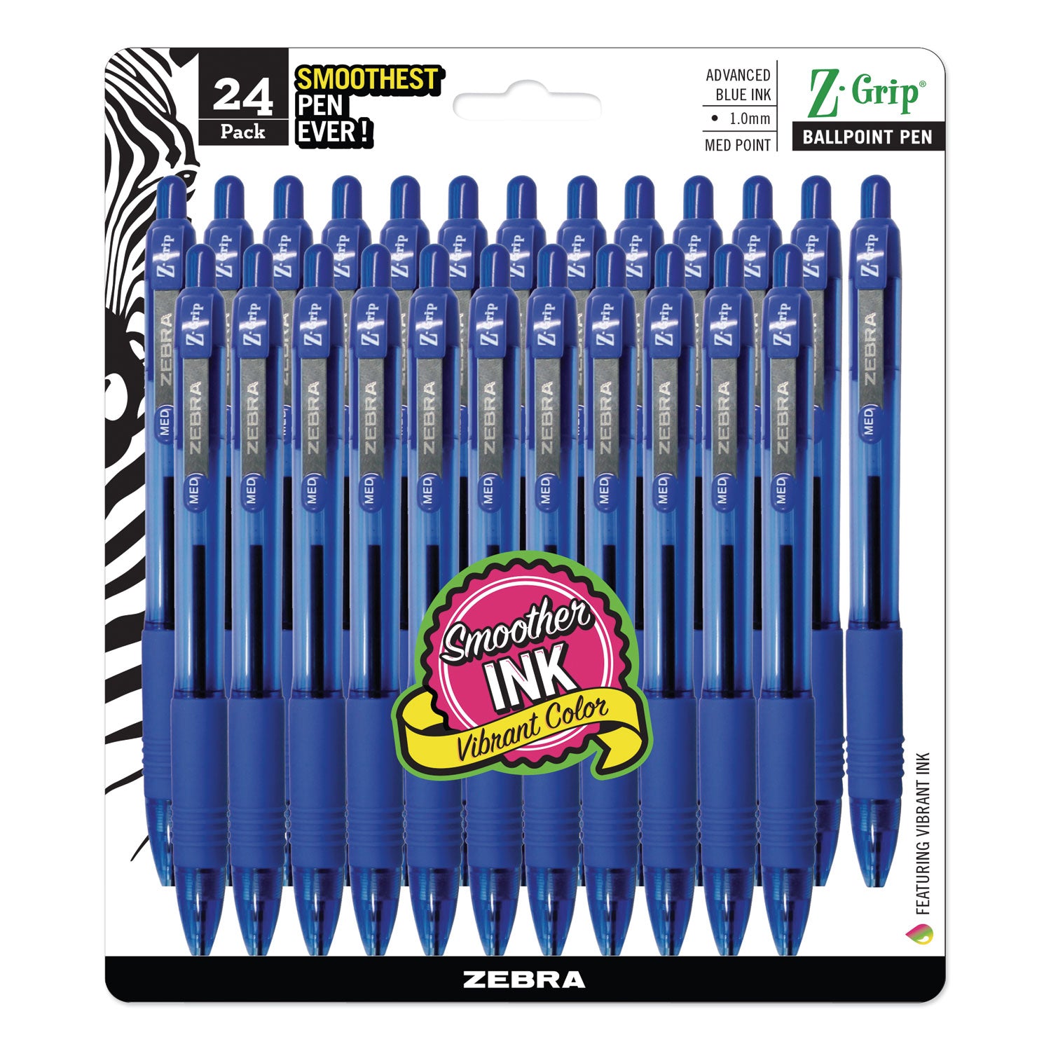 Zebra® Z-Grip Ballpoint Pen, Retractable, Medium 1 mm, Blue Ink, Translucent Blue/Blue Barrel, 24/Pack