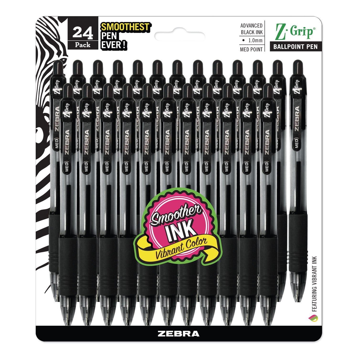 Zebra® Z-Grip Ballpoint Pen, Retractable, Medium 1 mm, Black Ink, Clear/Black Barrel, 24/Pack