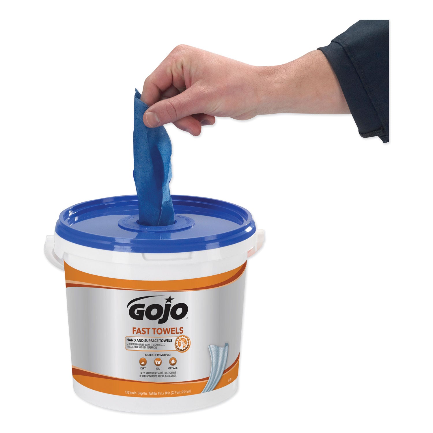 GOJO® FAST TOWELS Hand Cleaning Towels, 7.75 x 11, Fresh Citrus, Blue, 130/Bucket, 4 Buckets/Carton