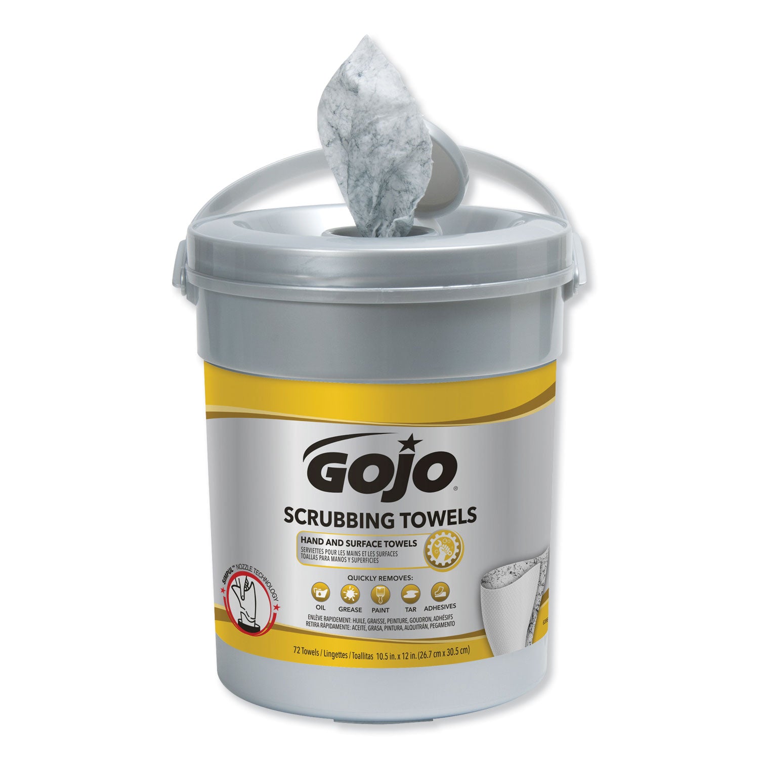 GOJO® Scrubbing Towels, Hand Cleaning, 2-Ply, 10.5 x 12, Silver/Yellow, 72/Bucket, 6/Carton