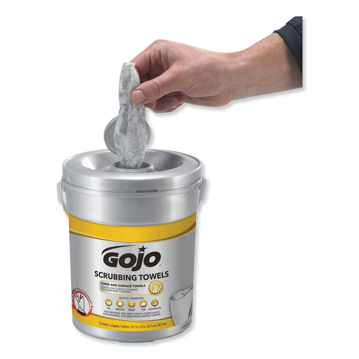 GOJO® Scrubbing Towels, Hand Cleaning, 2-Ply, 10.5 x 12, Silver/Yellow, 72/Bucket, 6/Carton