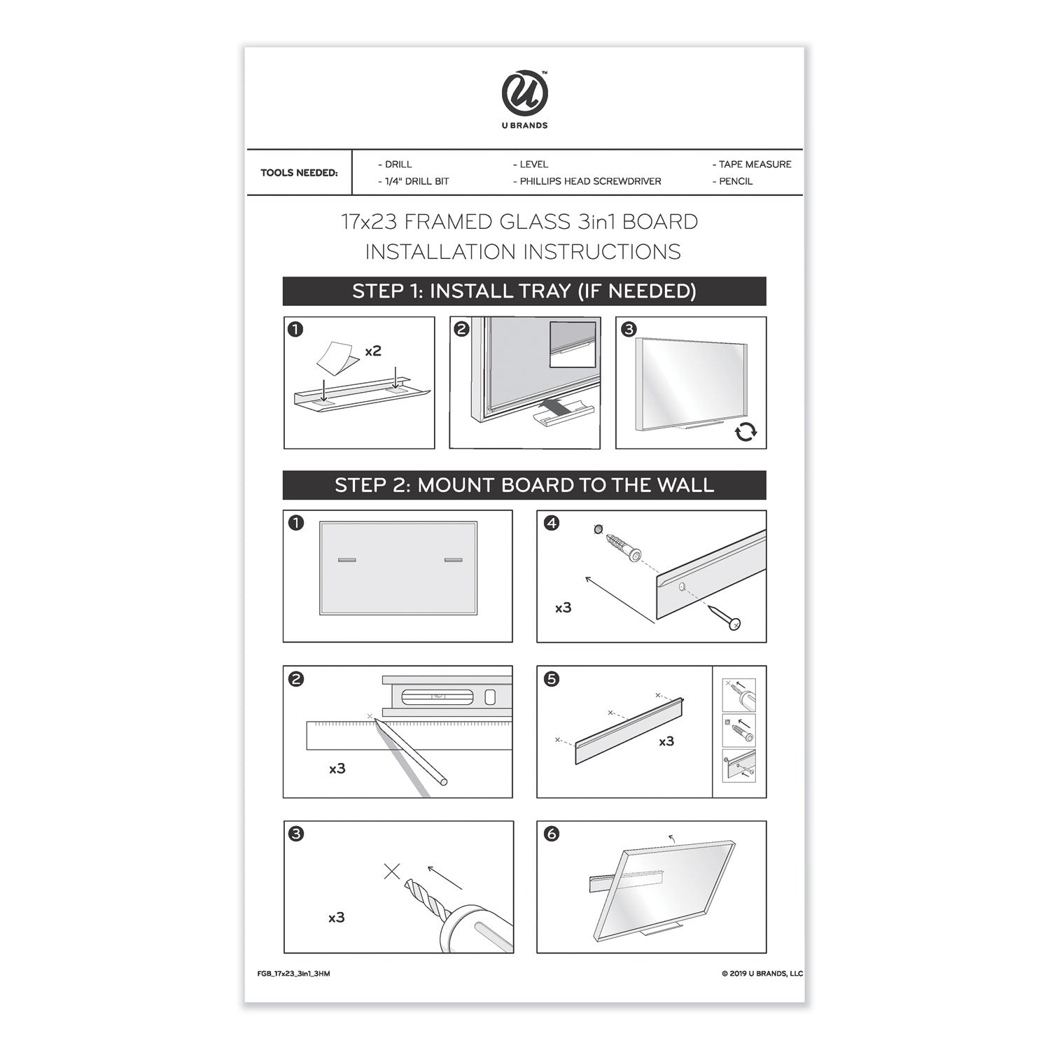 U Brands 3N1 Magnetic Glass Dry Erase Combo Board, 35 x 23, Month View, Gray/White Surface, White Aluminum Frame