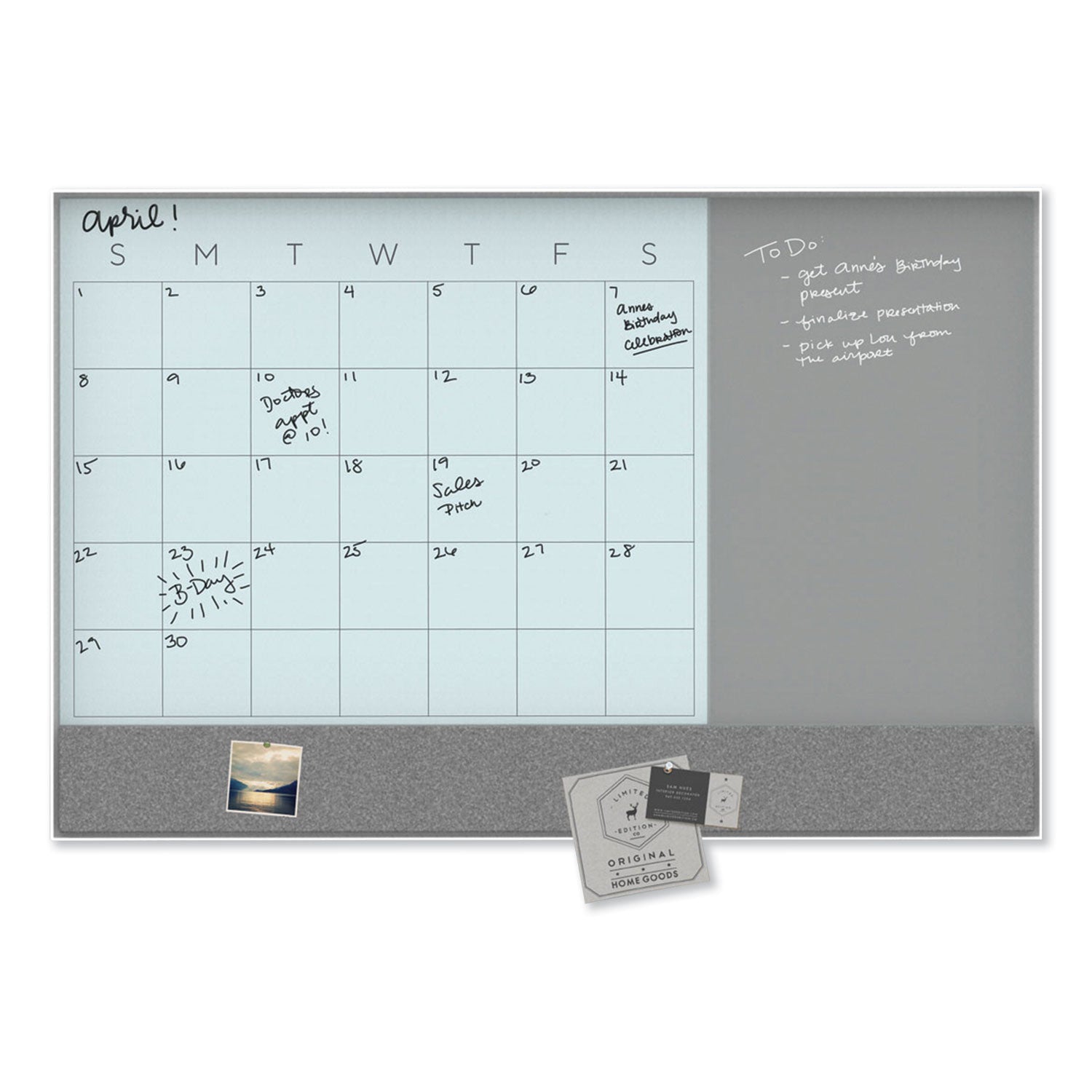 U Brands 3N1 Magnetic Glass Dry Erase Combo Board, 35 x 23, Month View, Gray/White Surface, White Aluminum Frame