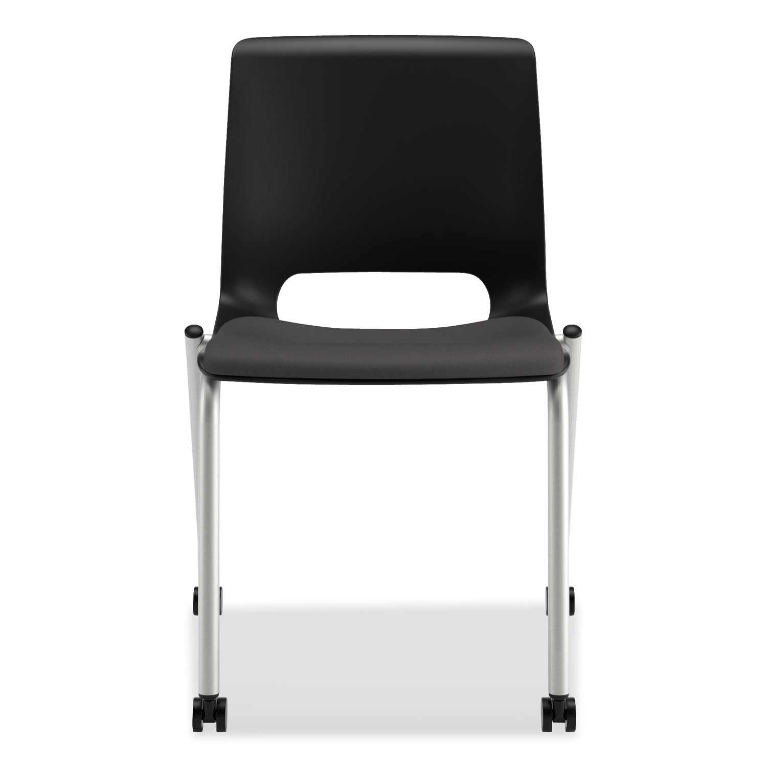 HON® Motivate Four-Leg Stacking Chair, Supports 300 lb, 18.25" Seat Height, Onyx Fabric Seat, Black Back, Platinum Base, 2/Carton