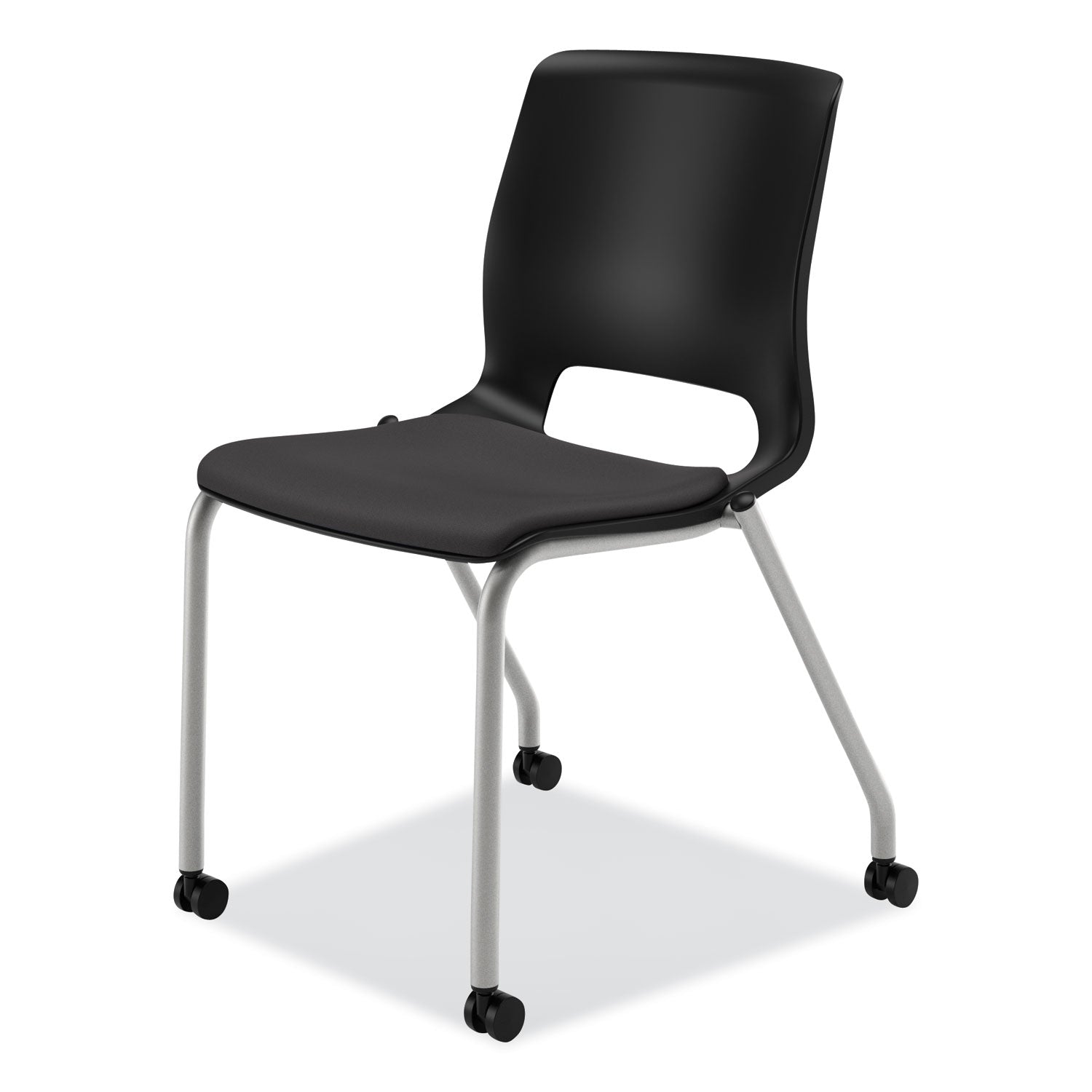 HON® Motivate Four-Leg Stacking Chair, Supports 300 lb, 18.25" Seat Height, Onyx Fabric Seat, Black Back, Platinum Base, 2/Carton