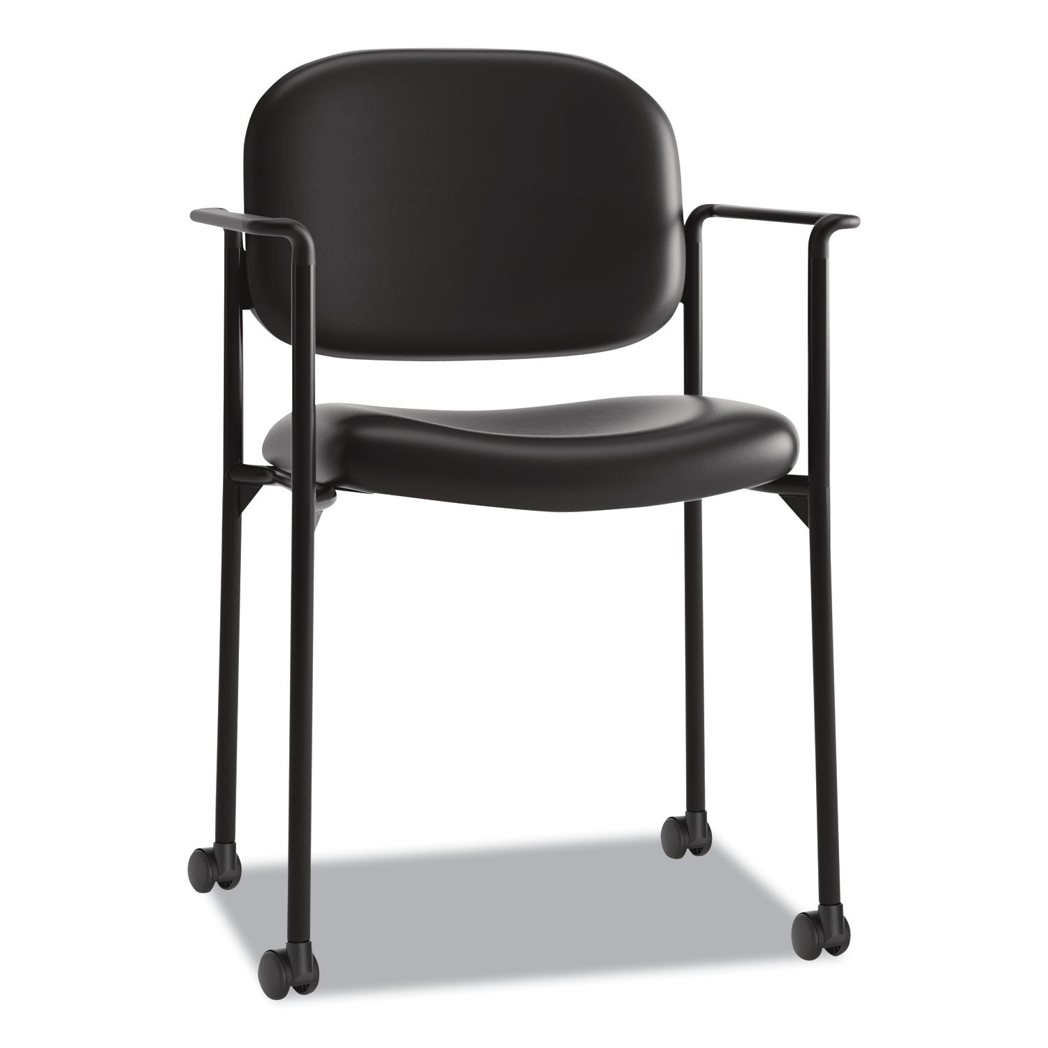 HON® VL616 Stacking Guest Chair with Arms, Bonded Leather Upholstery, 23.25" x 21" x 32.75", Black Seat, Black Back, Black Base