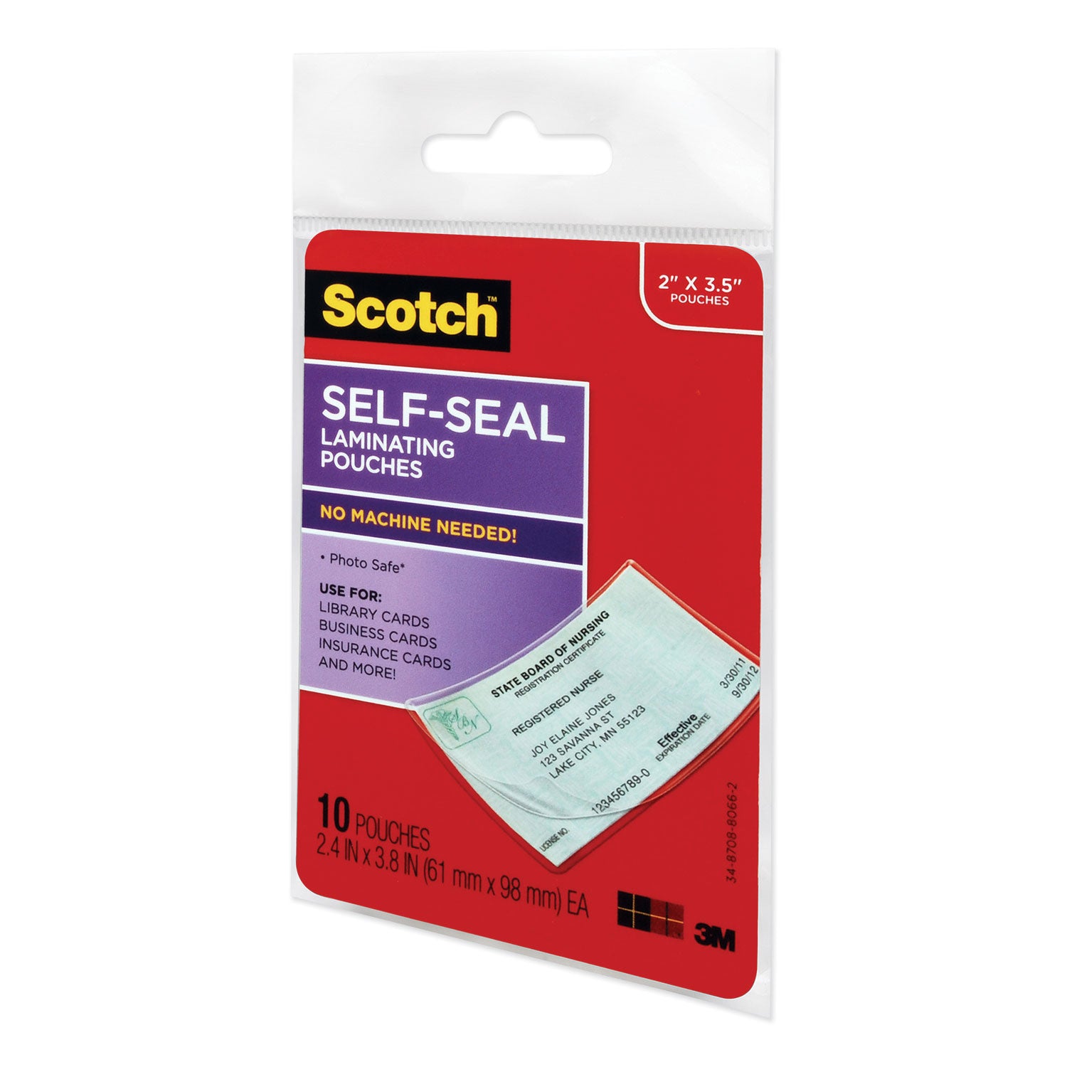 Scotch™ Self-Sealing Laminating Pouches, 9 mil, 3.8" x 2.4", Gloss Clear, 10/Pack