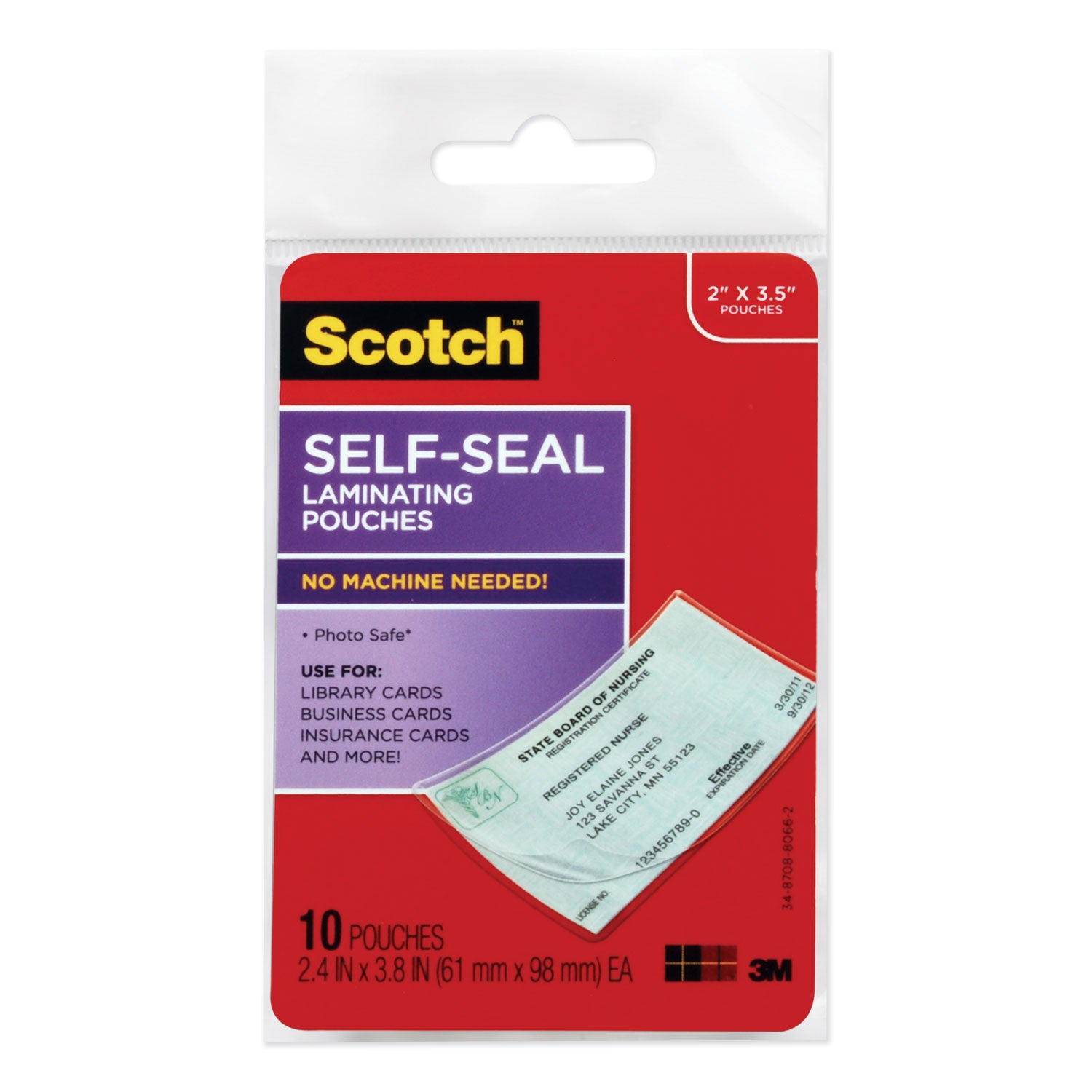 Self-Sealing Laminating Pouches, 9 mil, 3.8" x 2.4", Gloss Clear, 10/Pack