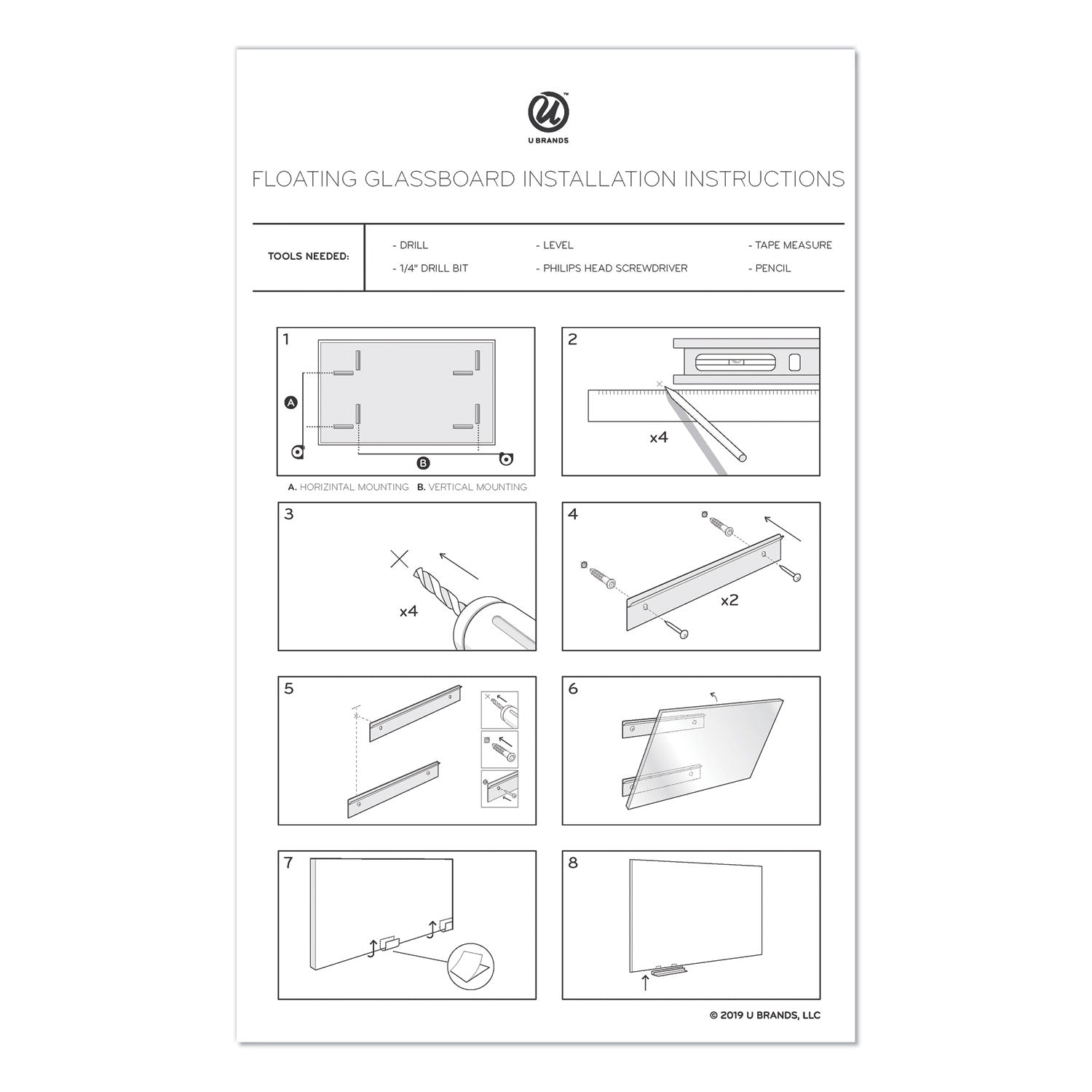 U Brands Floating Glass Dry Erase Undated One Month Calendar, 47 x 35, White