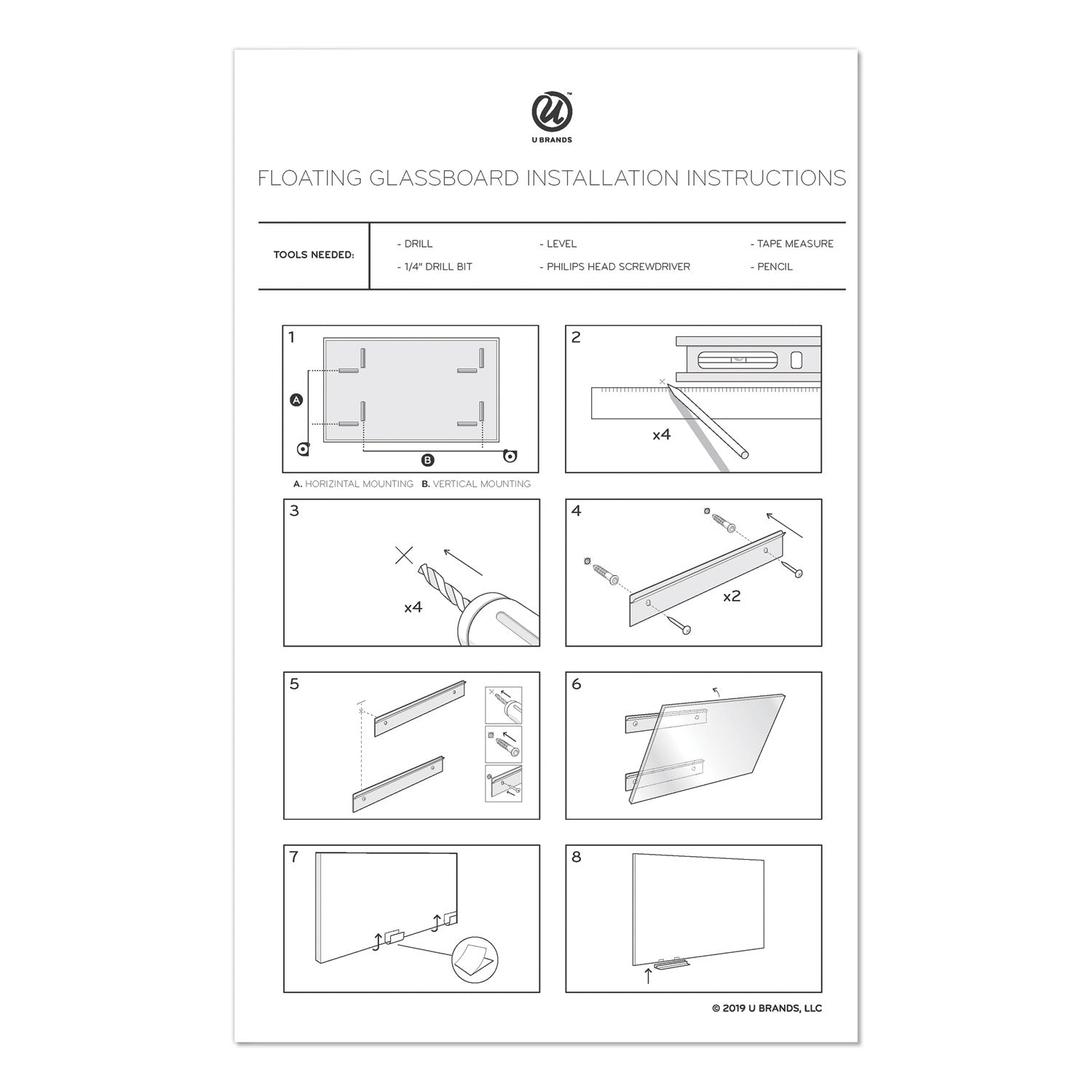 U Brands Floating Glass Dry Erase Undated One Month Calendar, 35 x 35, White