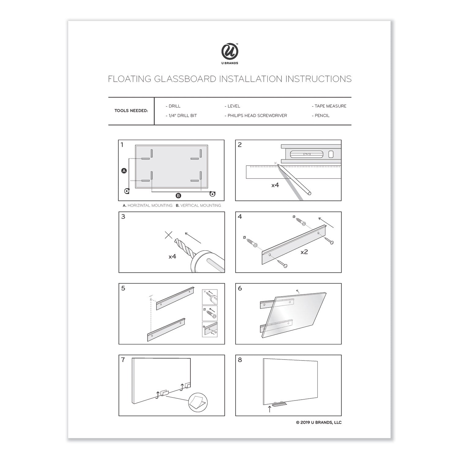 U Brands Floating Glass Dry Erase Board, 70 x 35, White