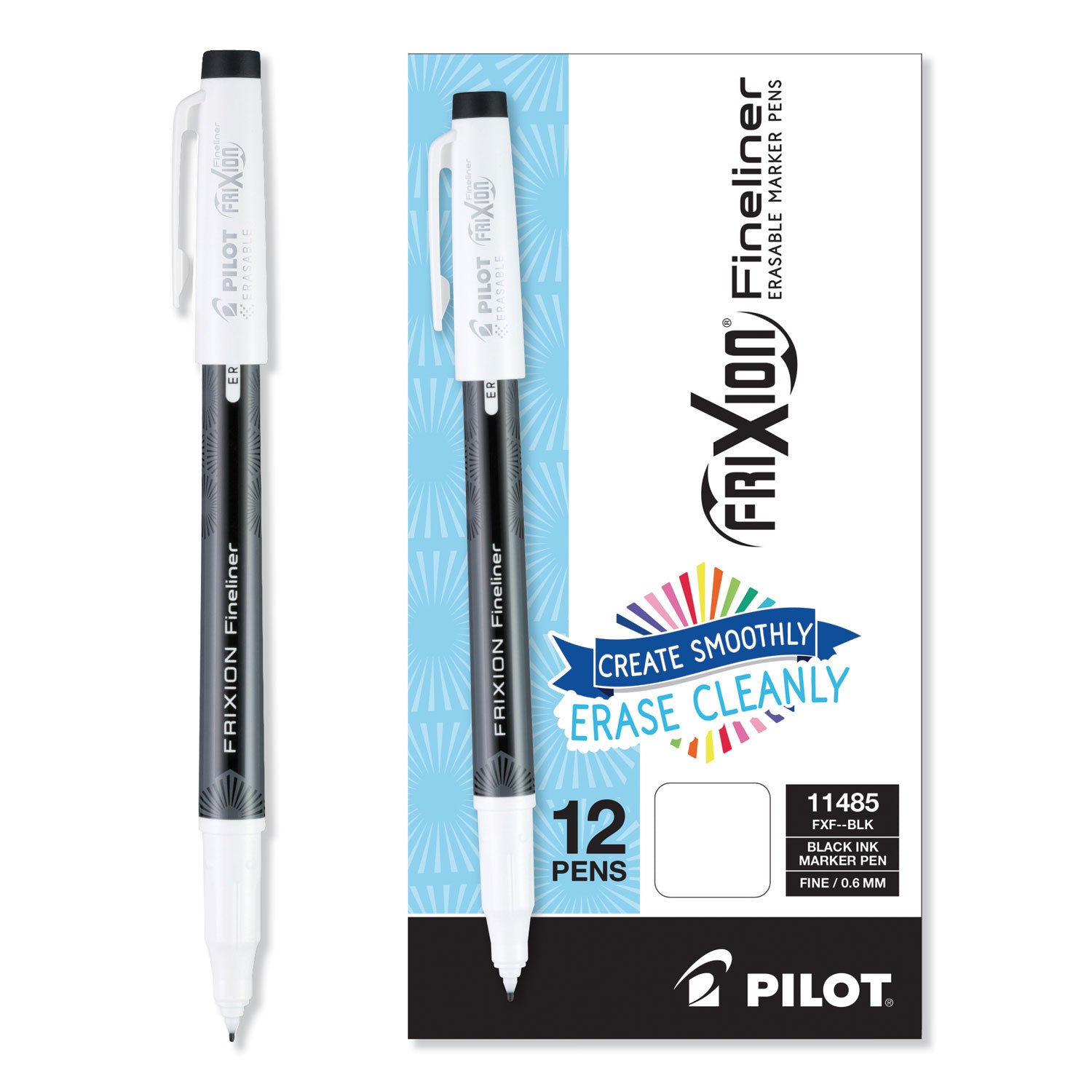 Pilot® FriXion Fineliner Erasable Porous Point Pen, Stick, Fine 0.6 mm, Black Ink, Black/White Barrel, Dozen