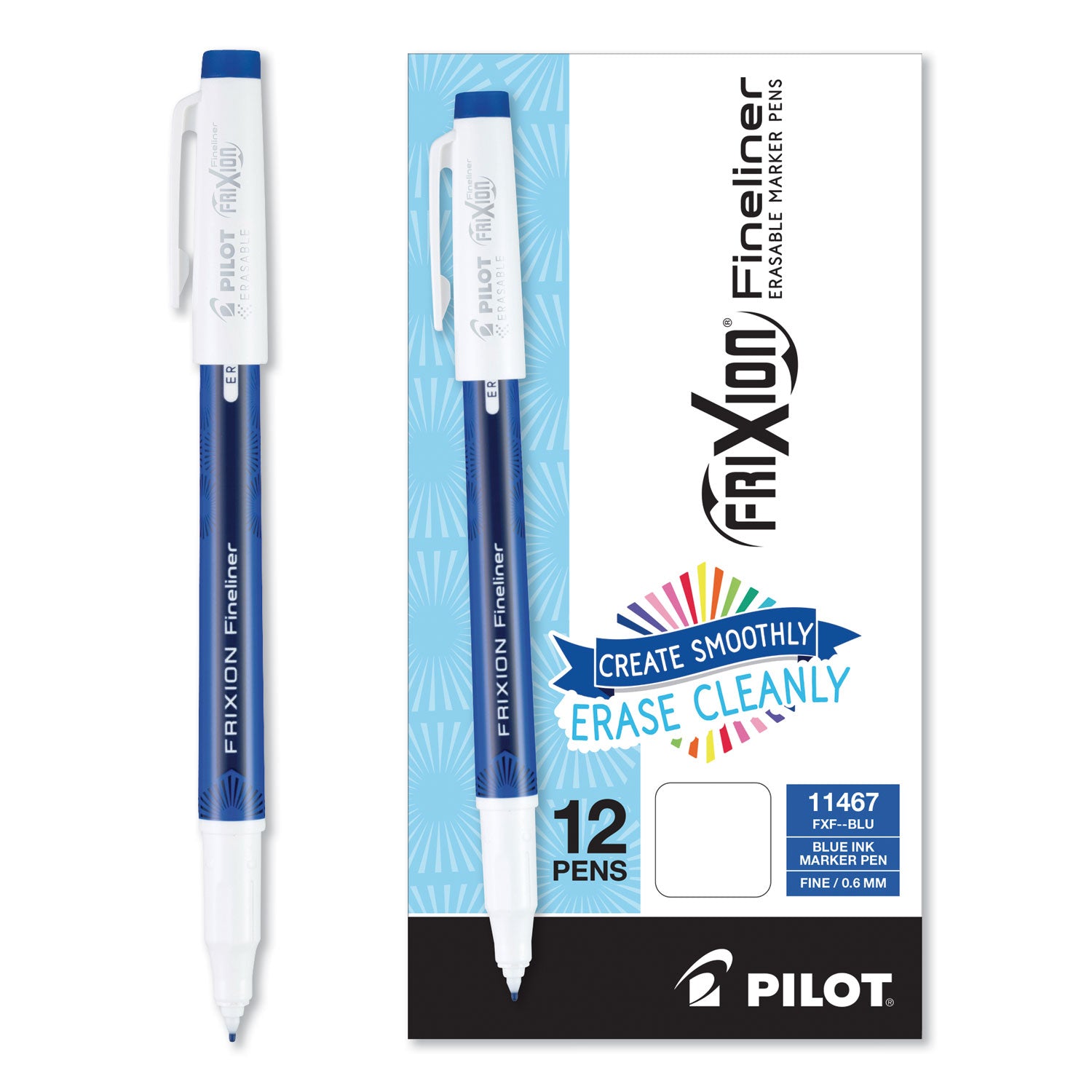 Pilot® FriXion Fineliner Erasable Porous Point Pen, Stick, Fine 0.6 mm, Blue Ink, Blue/White Barrel, Dozen