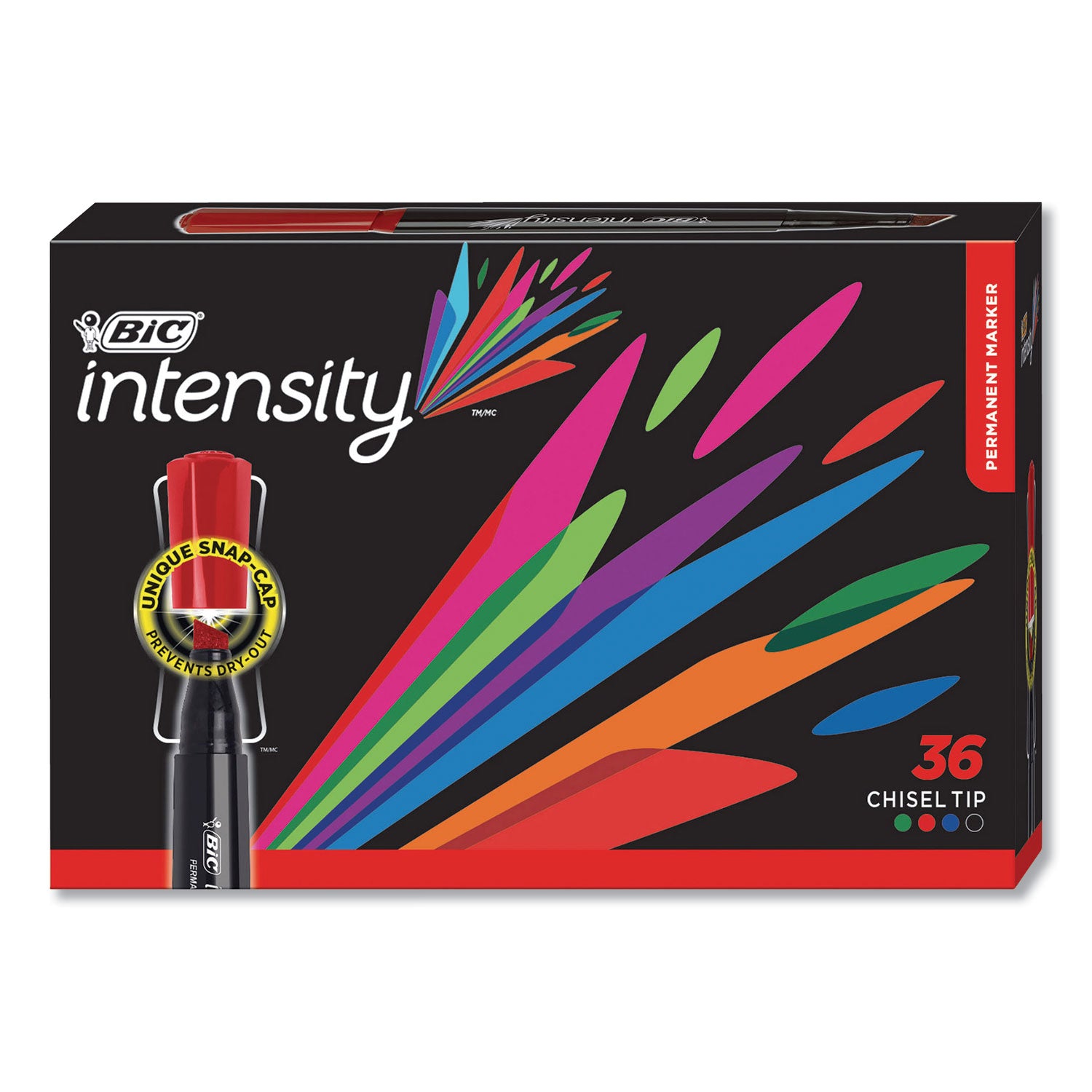 Intensity Chisel Tip Permanent Marker Value Pack, Broad Chisel Tip, Assorted Colors, 36/Pack