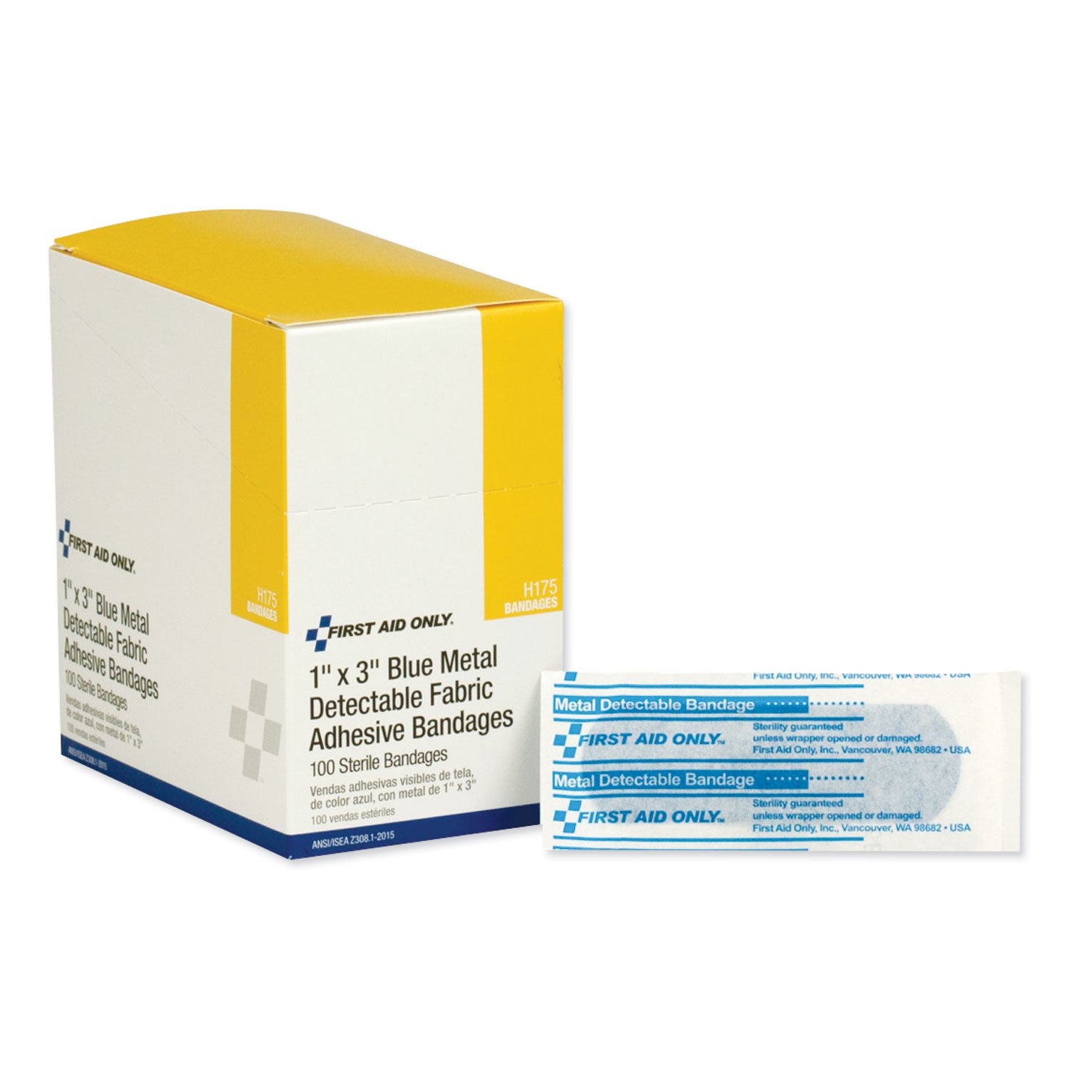 First Aid Only™ Adhesive Blue Metal Detectable Bandages, 1 x 3, Plastic with Foil, 100/Box, 12 Boxes/Carton