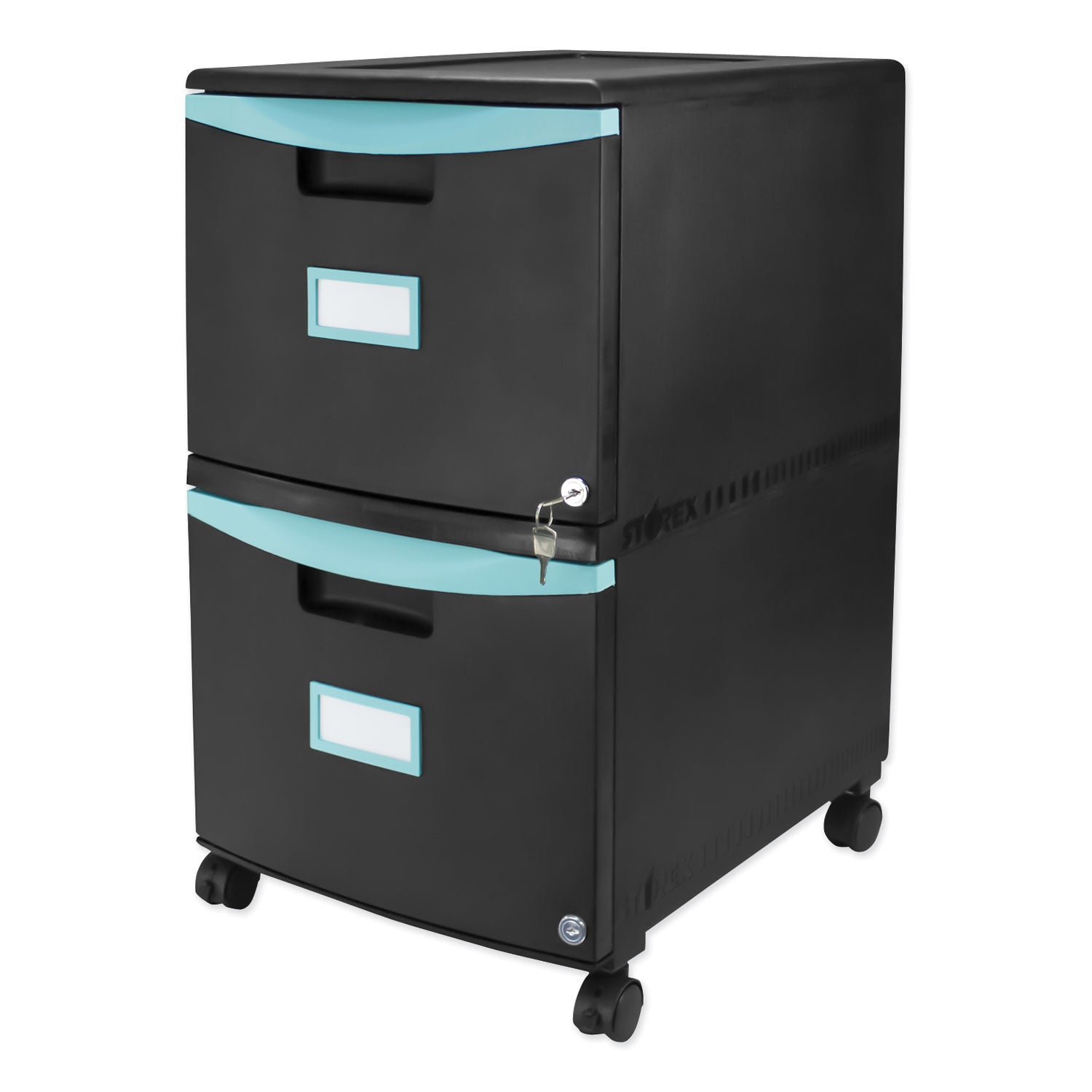 Storex Two-Drawer Mobile Filing Cabinet, 2 Legal/Letter-Size File Drawers, Black/Teal, 14.75" x 18.25" x 26"