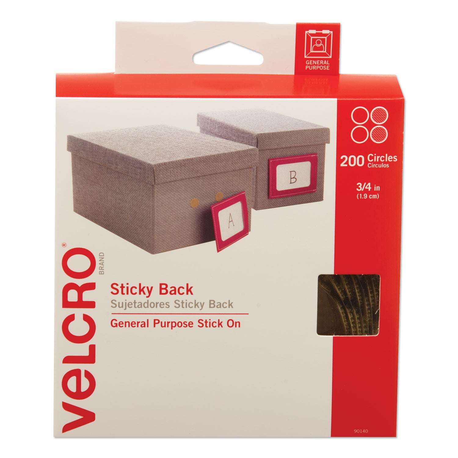 Sticky-Back Fasteners with Dispenser Box, Removable Adhesive, 0.75" dia, Beige, 200/Roll