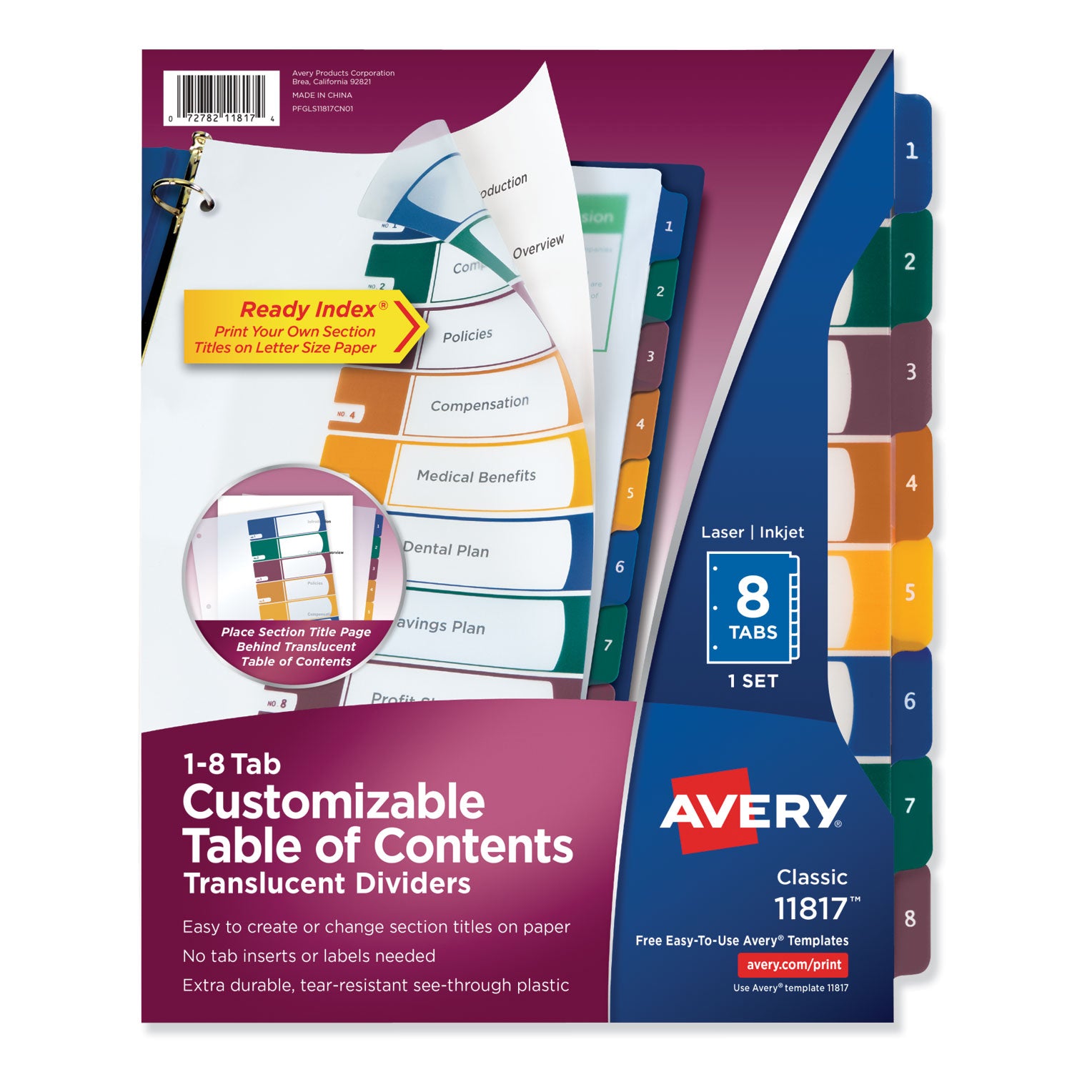 Customizable Table of Contents Ready Index Dividers with Multicolor Tabs, 8-Tab, 1 to 8, 11 x 8.5, Translucent, 1 Set